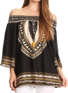 Sakkas Abelia Tribal Print Off-shoulder  3/4 Sleeve Top Blouse