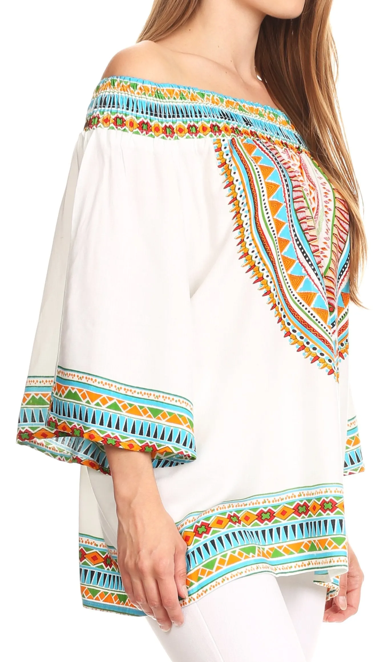 Sakkas Abelia Tribal Print Off-shoulder  3/4 Sleeve Top Blouse