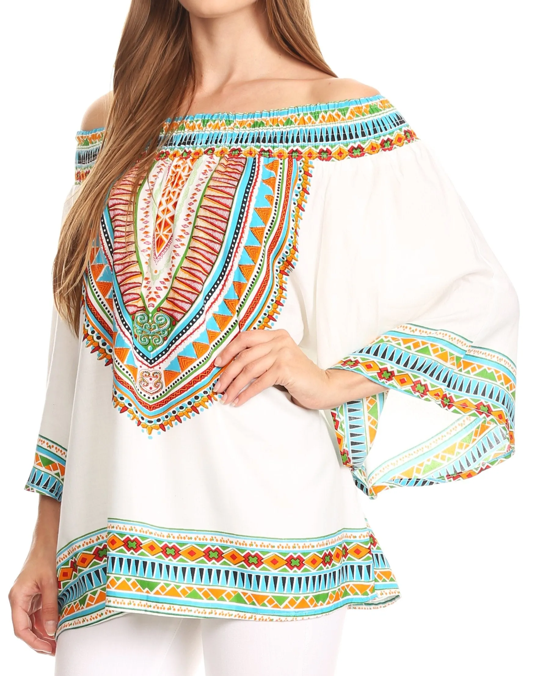 Sakkas Abelia Tribal Print Off-shoulder  3/4 Sleeve Top Blouse