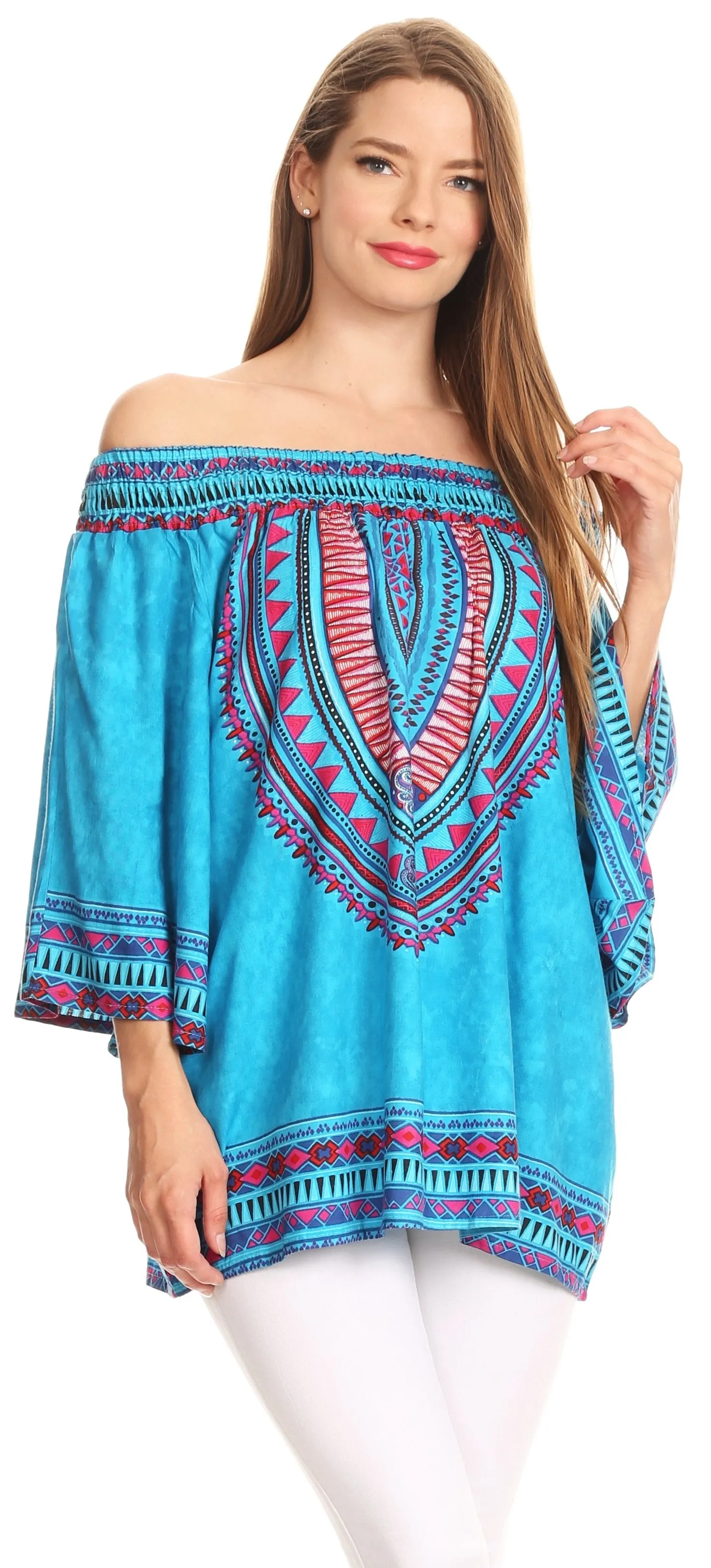 Sakkas Abelia Tribal Print Off-shoulder  3/4 Sleeve Top Blouse