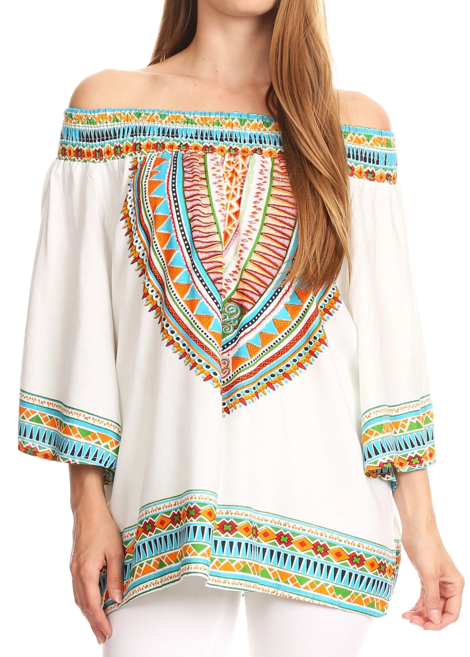 Sakkas Abelia Tribal Print Off-shoulder  3/4 Sleeve Top Blouse