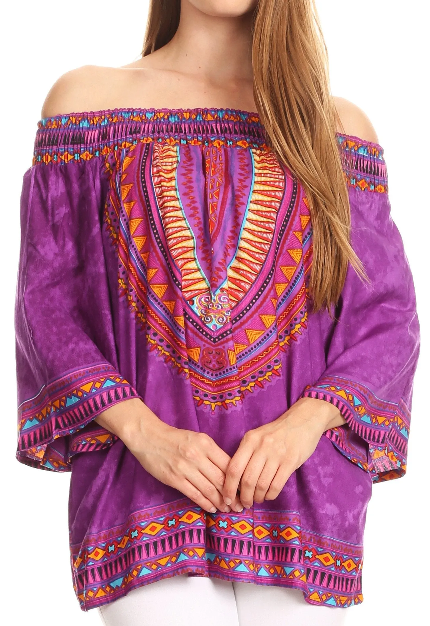 Sakkas Abelia Tribal Print Off-shoulder  3/4 Sleeve Top Blouse