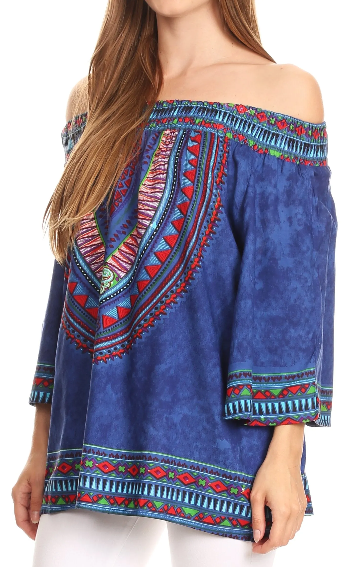 Sakkas Abelia Tribal Print Off-shoulder  3/4 Sleeve Top Blouse