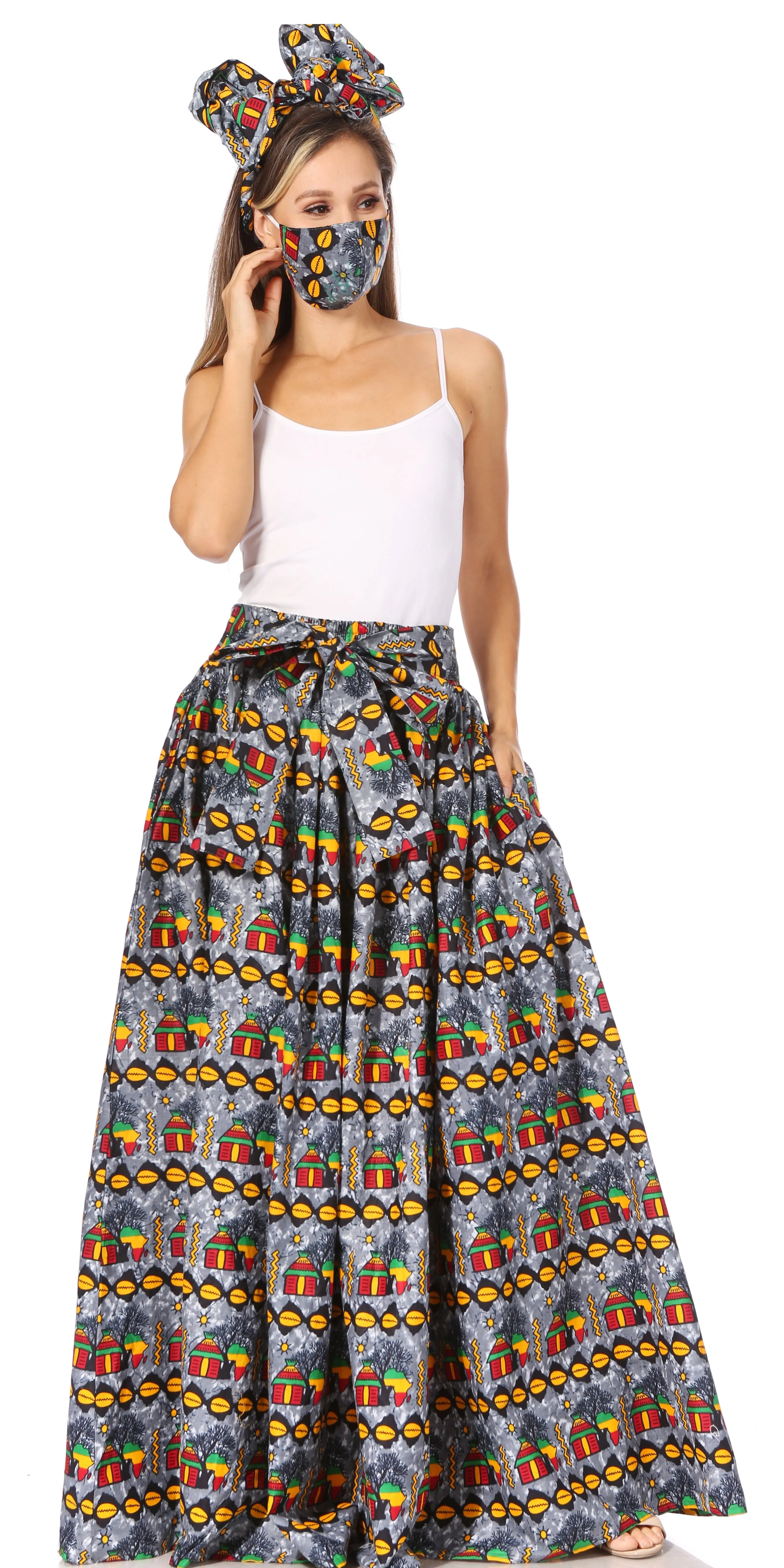 Sakkas Asma's Second Convertible Traditional Wax Print Maxi Skirt with Adjustable Straps