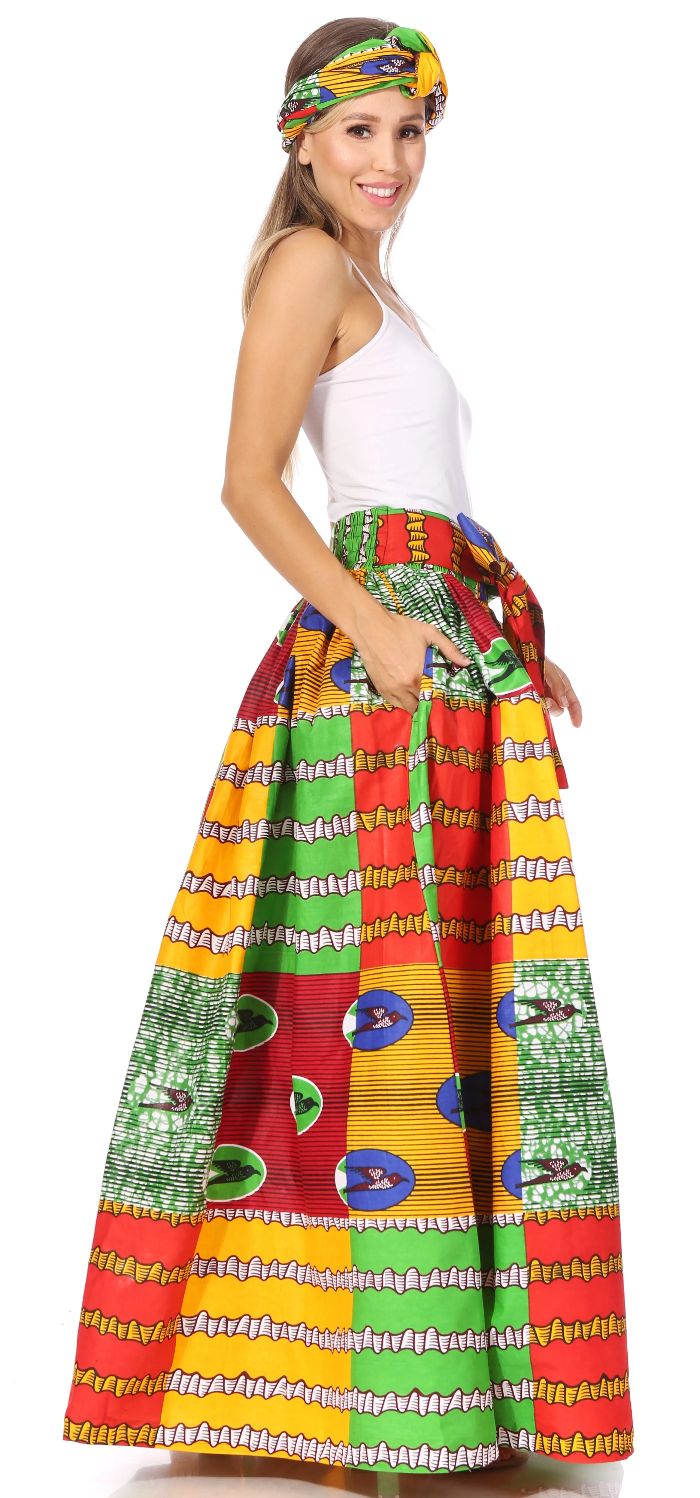 Sakkas Asma's Second Convertible Traditional Wax Print Maxi Skirt with Adjustable Straps