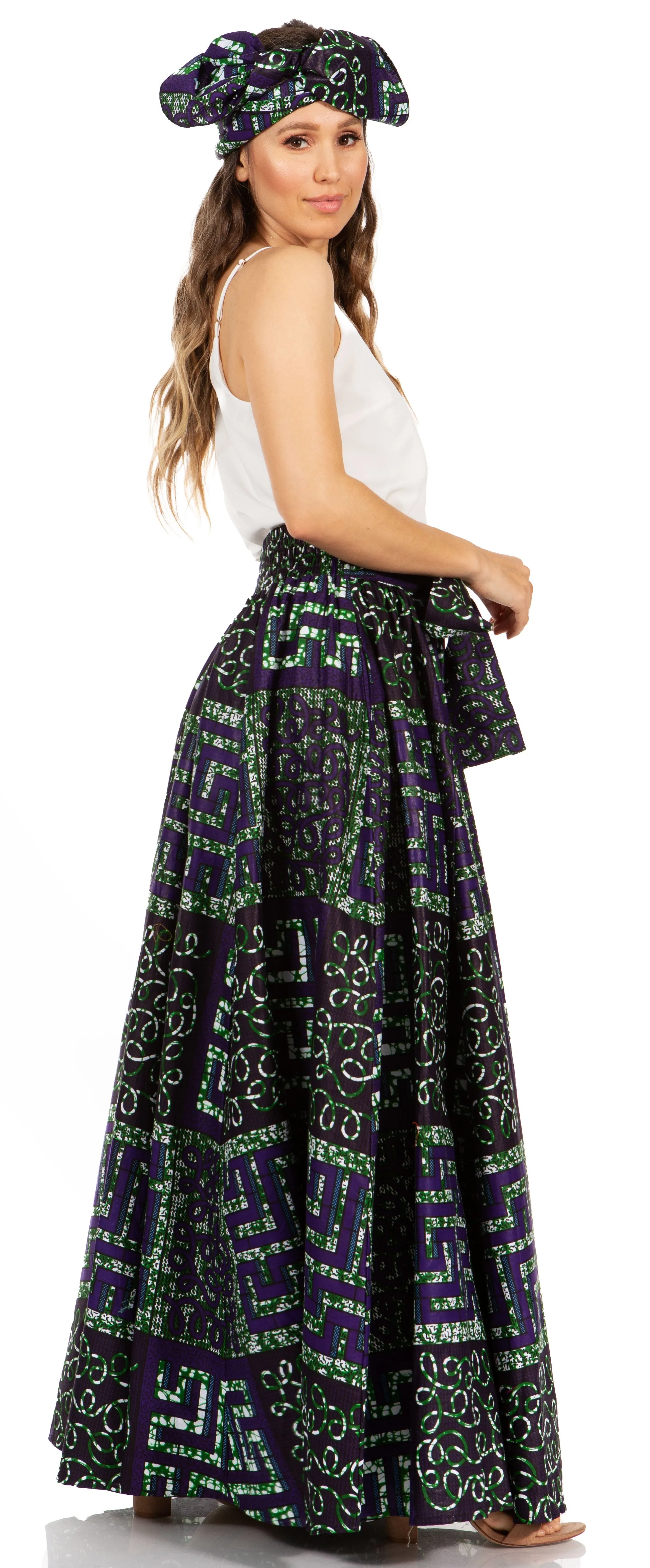 Sakkas Asma's Second Convertible Traditional Wax Print Maxi Skirt with Adjustable Straps