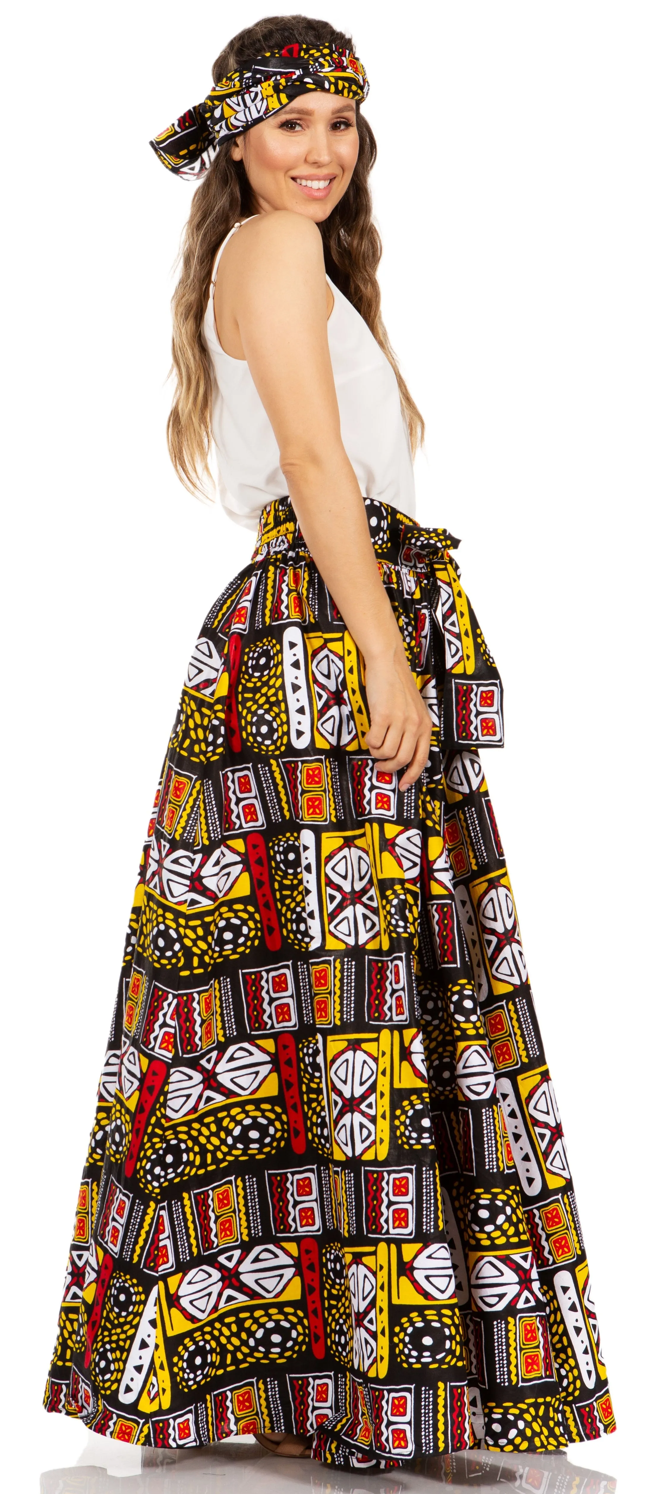 Sakkas Asma's Second Convertible Traditional Wax Print Maxi Skirt with Adjustable Straps