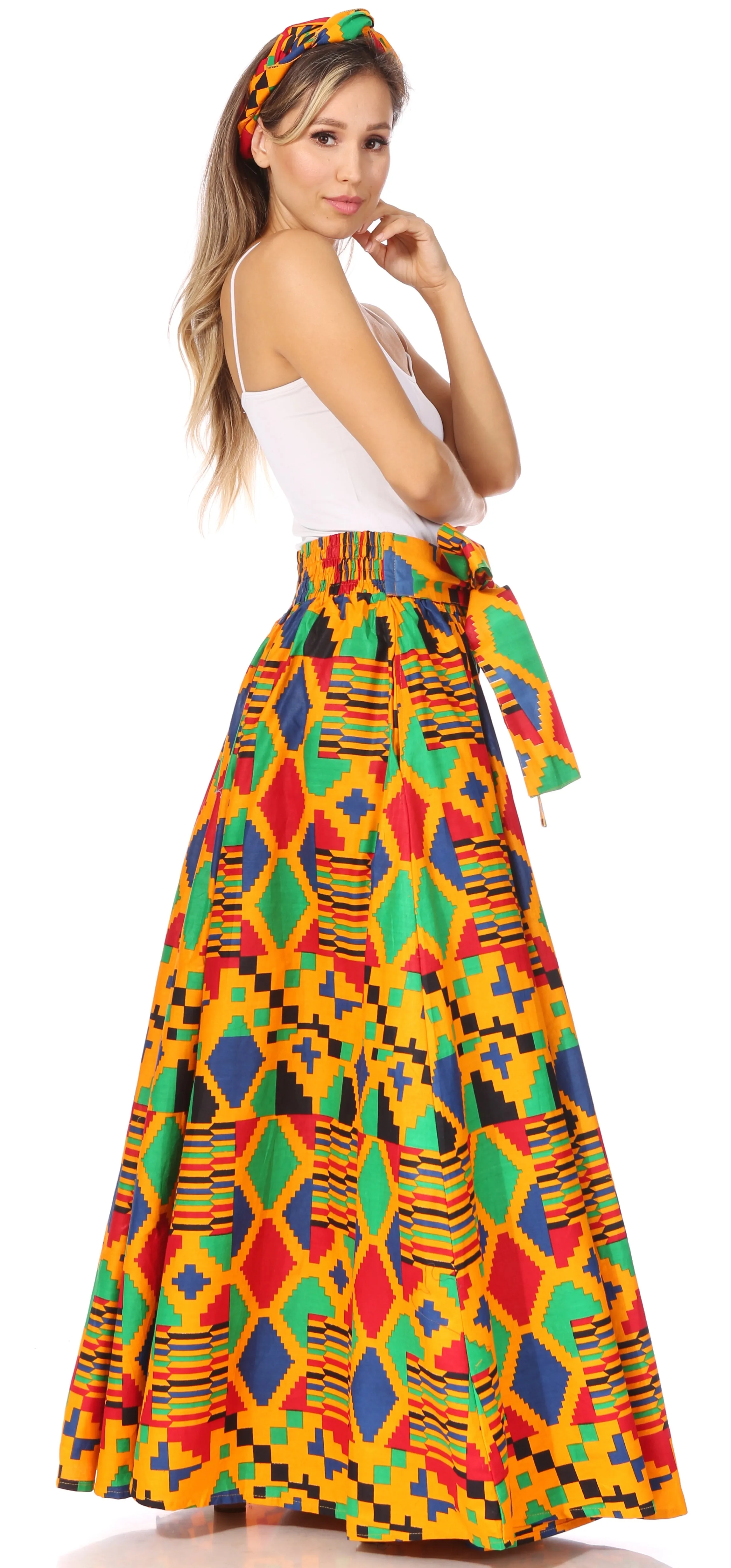 Sakkas Asma's Second Convertible Traditional Wax Print Maxi Skirt with Adjustable Straps