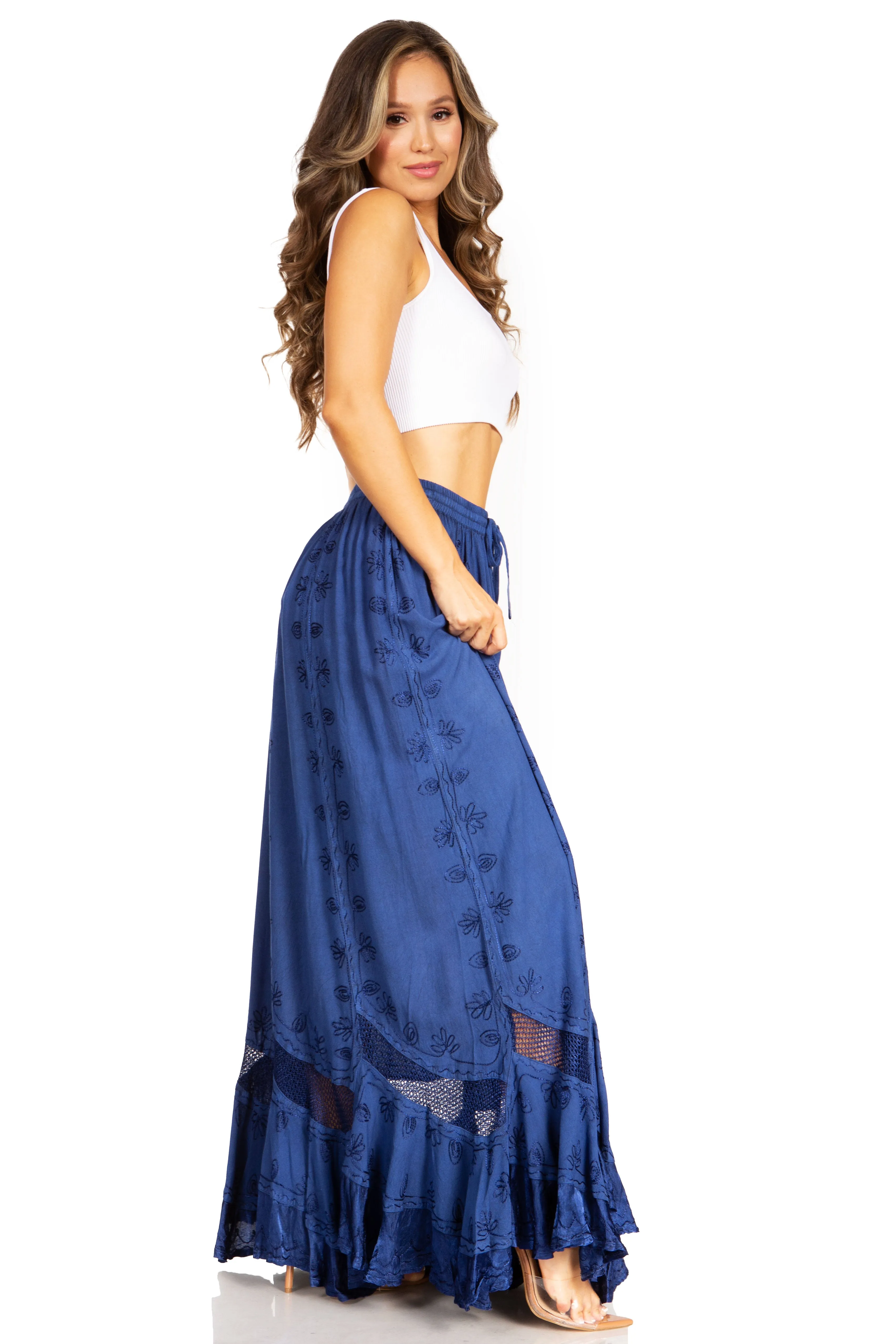 Sakkas Ivy Second Women's Maxi Boho Elastic Waist Embroidered A Line Long Skirt