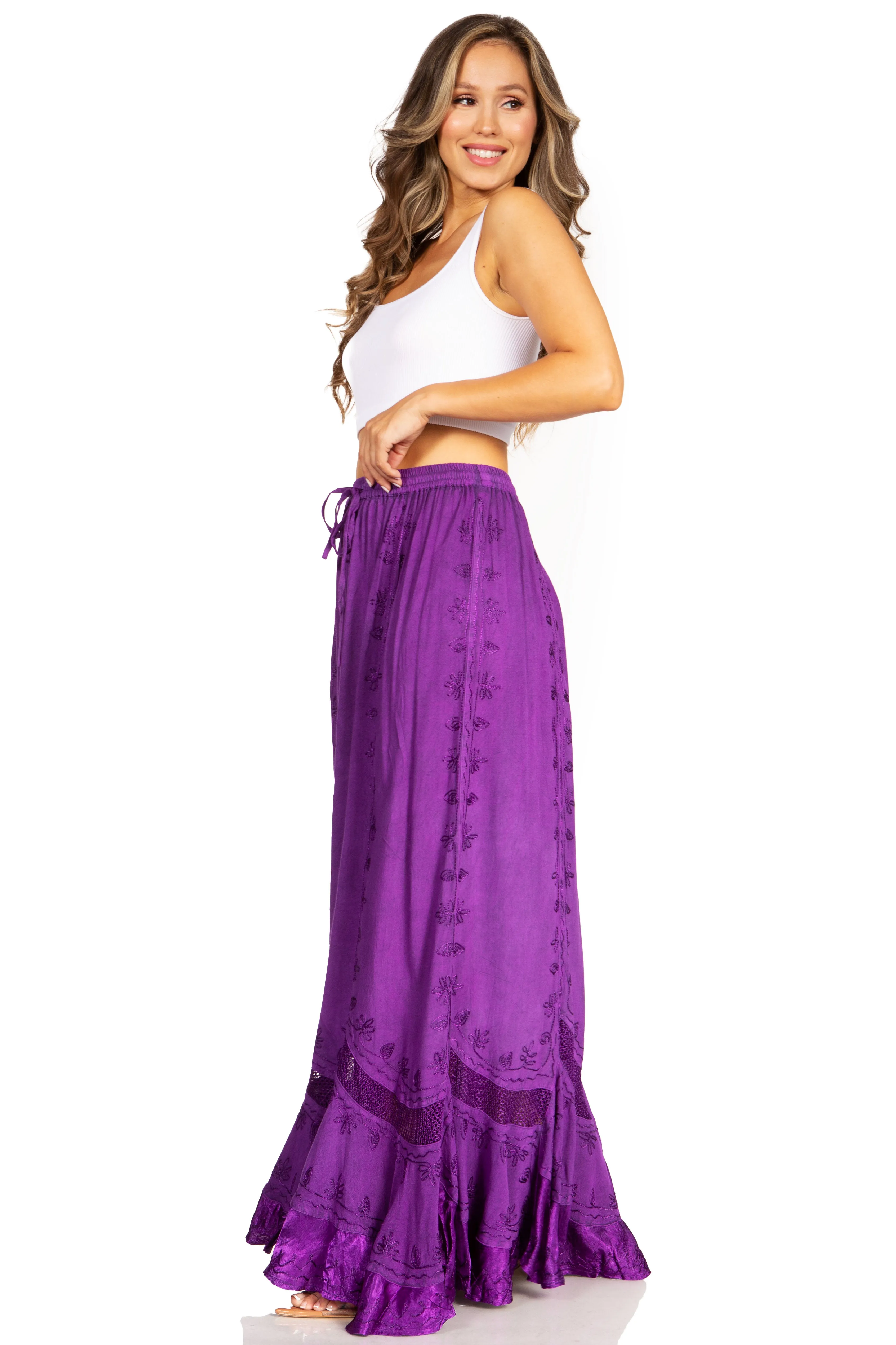 Sakkas Ivy Second Women's Maxi Boho Elastic Waist Embroidered A Line Long Skirt