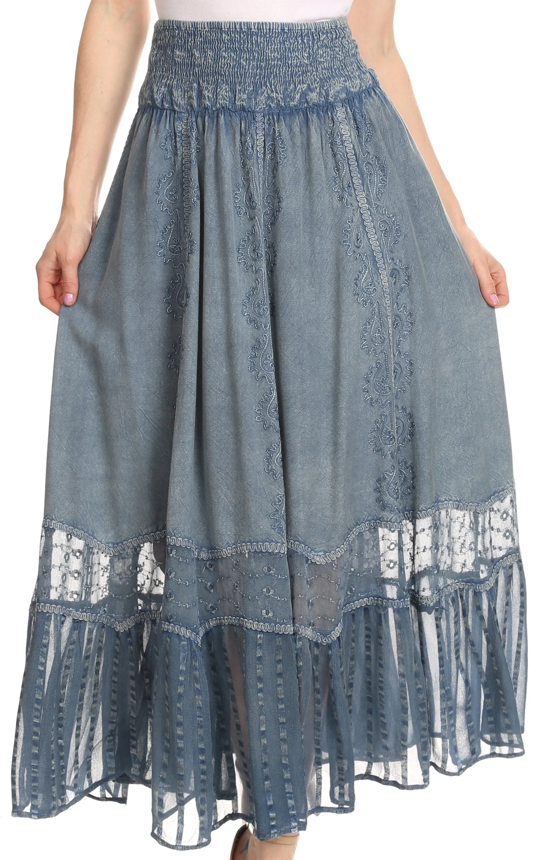 Sakkas Shamim Boho Maxi Long Skirt with Sheer Textured Panels W/ Smocked Waistband