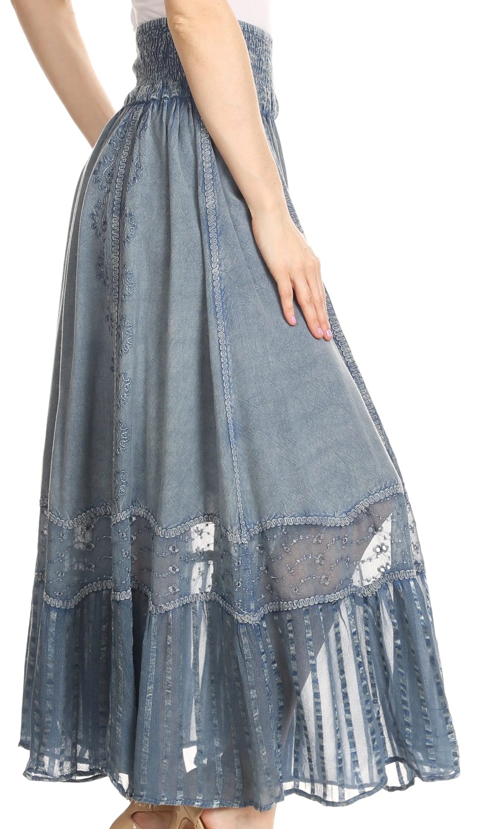 Sakkas Shamim Boho Maxi Long Skirt with Sheer Textured Panels W/ Smocked Waistband