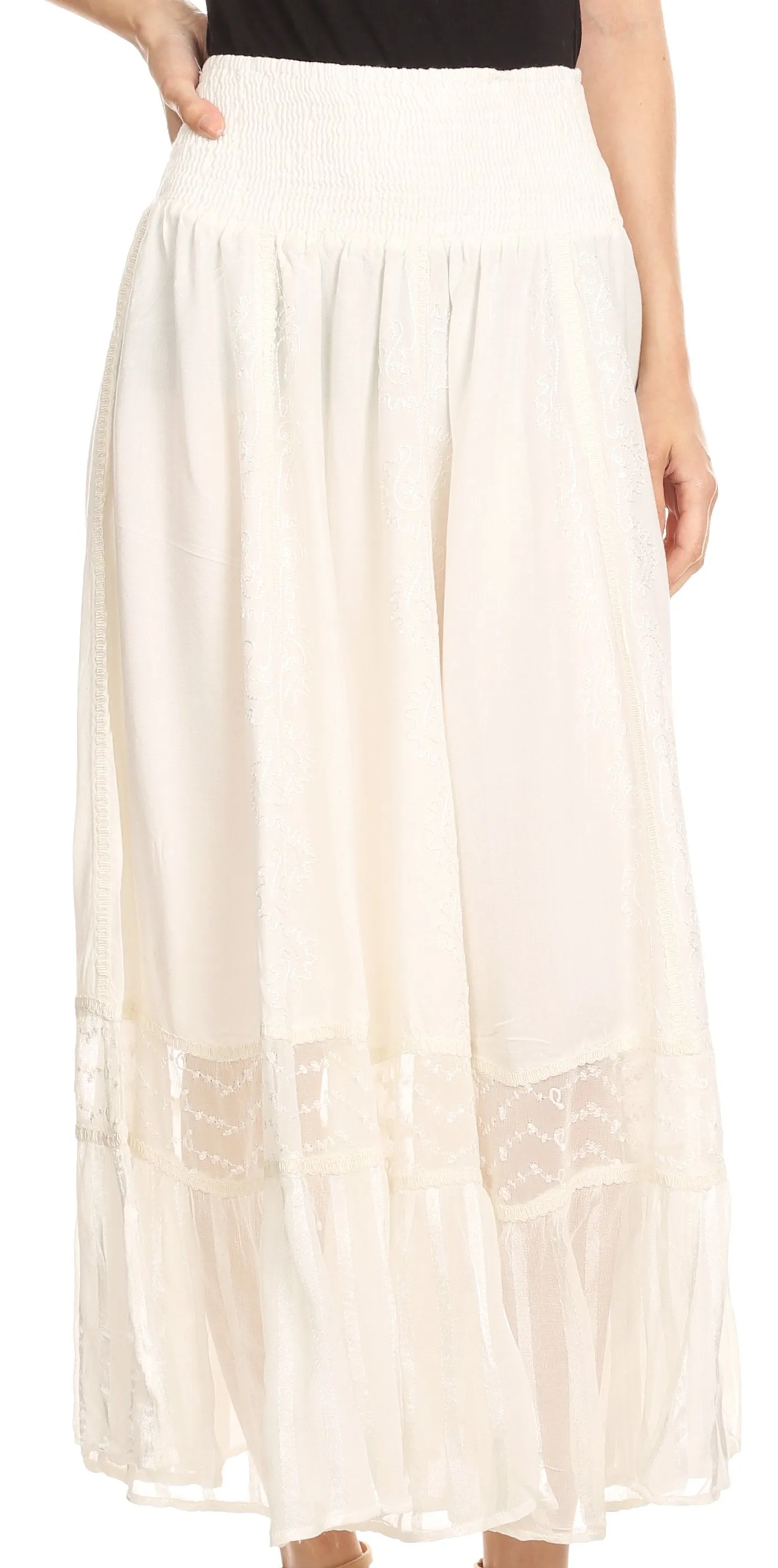 Sakkas Shamim Boho Maxi Long Skirt with Sheer Textured Panels W/ Smocked Waistband