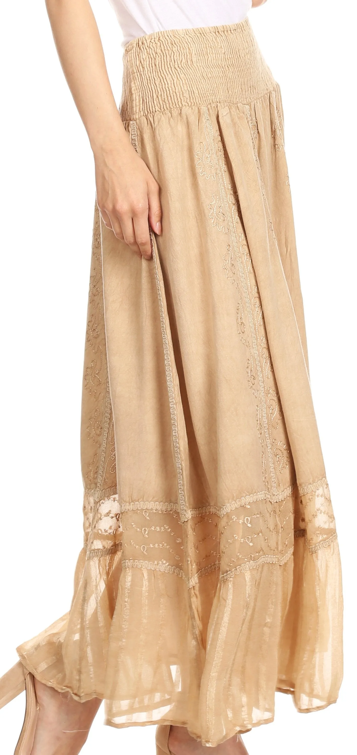 Sakkas Shamim Boho Maxi Long Skirt with Sheer Textured Panels W/ Smocked Waistband