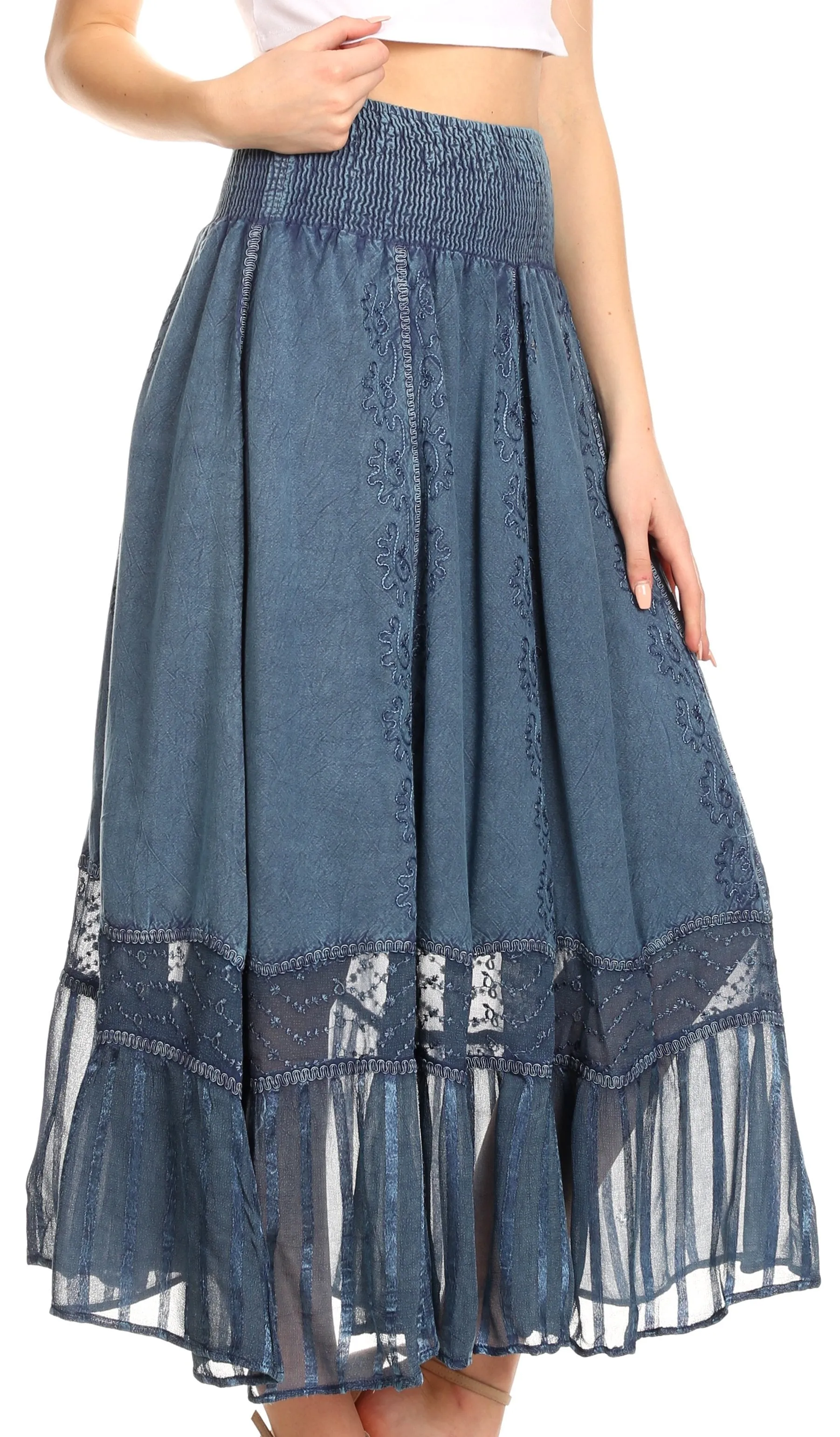 Sakkas Shamim Boho Maxi Long Skirt with Sheer Textured Panels W/ Smocked Waistband