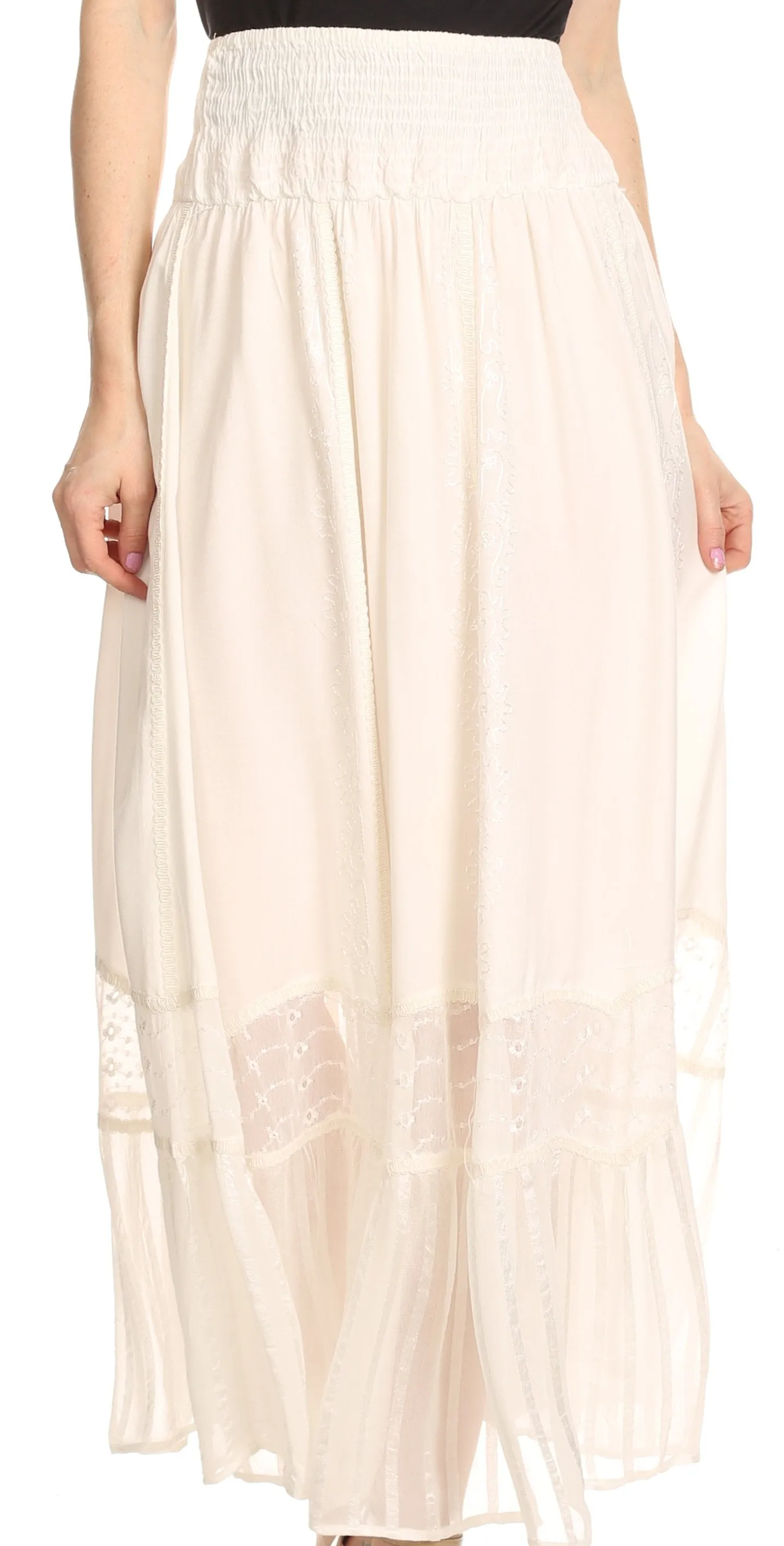 Sakkas Shamim Boho Maxi Long Skirt with Sheer Textured Panels W/ Smocked Waistband