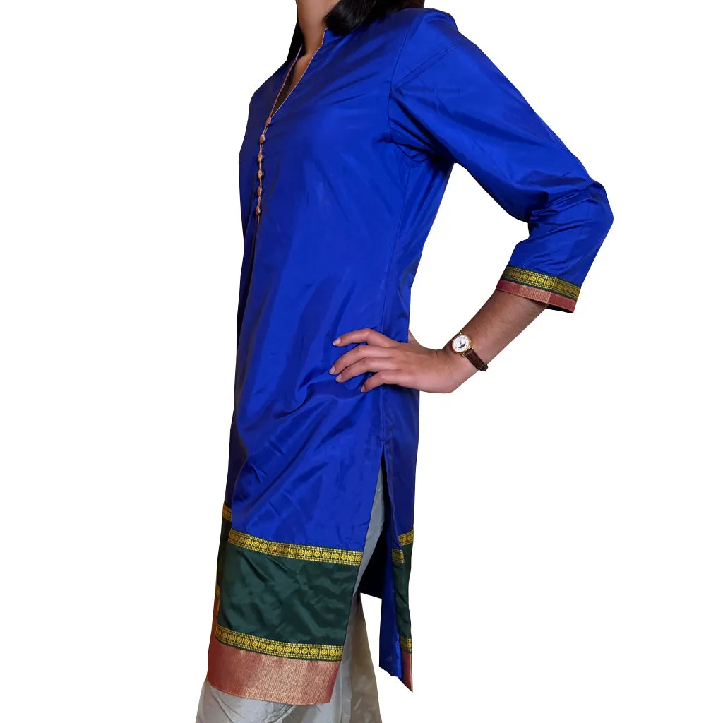 Sapphire Jewel- Silk Sari Fabric Kurta Dress