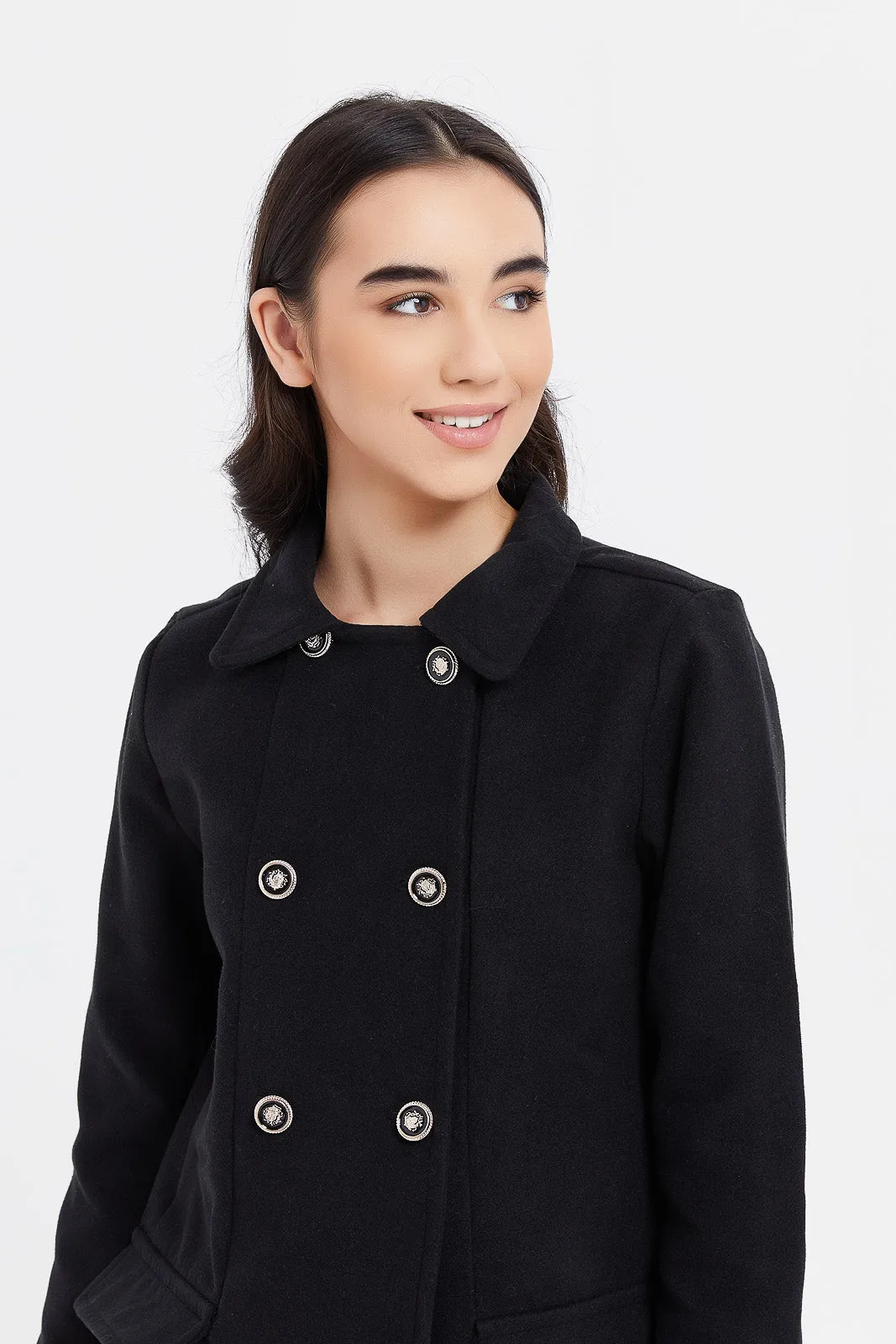 Senior Girls Black Melton Double Breasted Long Lin Jacket