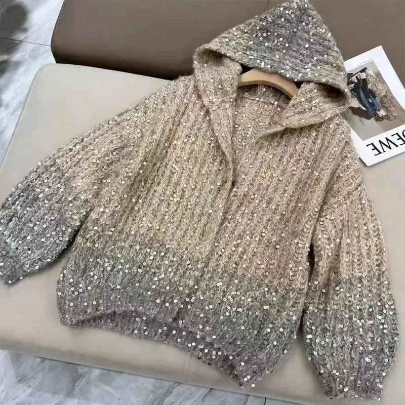 Sequined Hooded Knit Cardigan