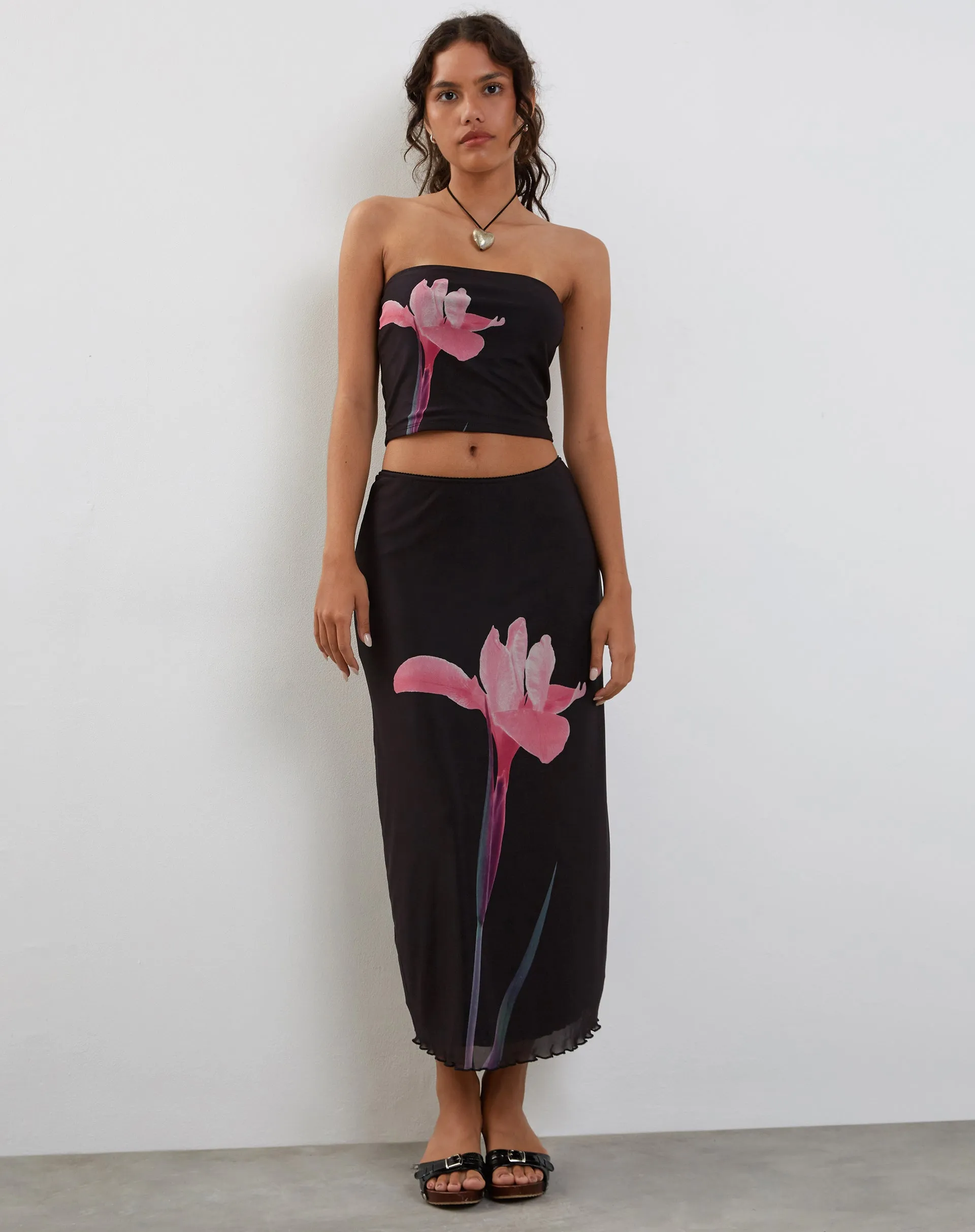 Shae Bandeau Top in Black with Pink Flower Placement