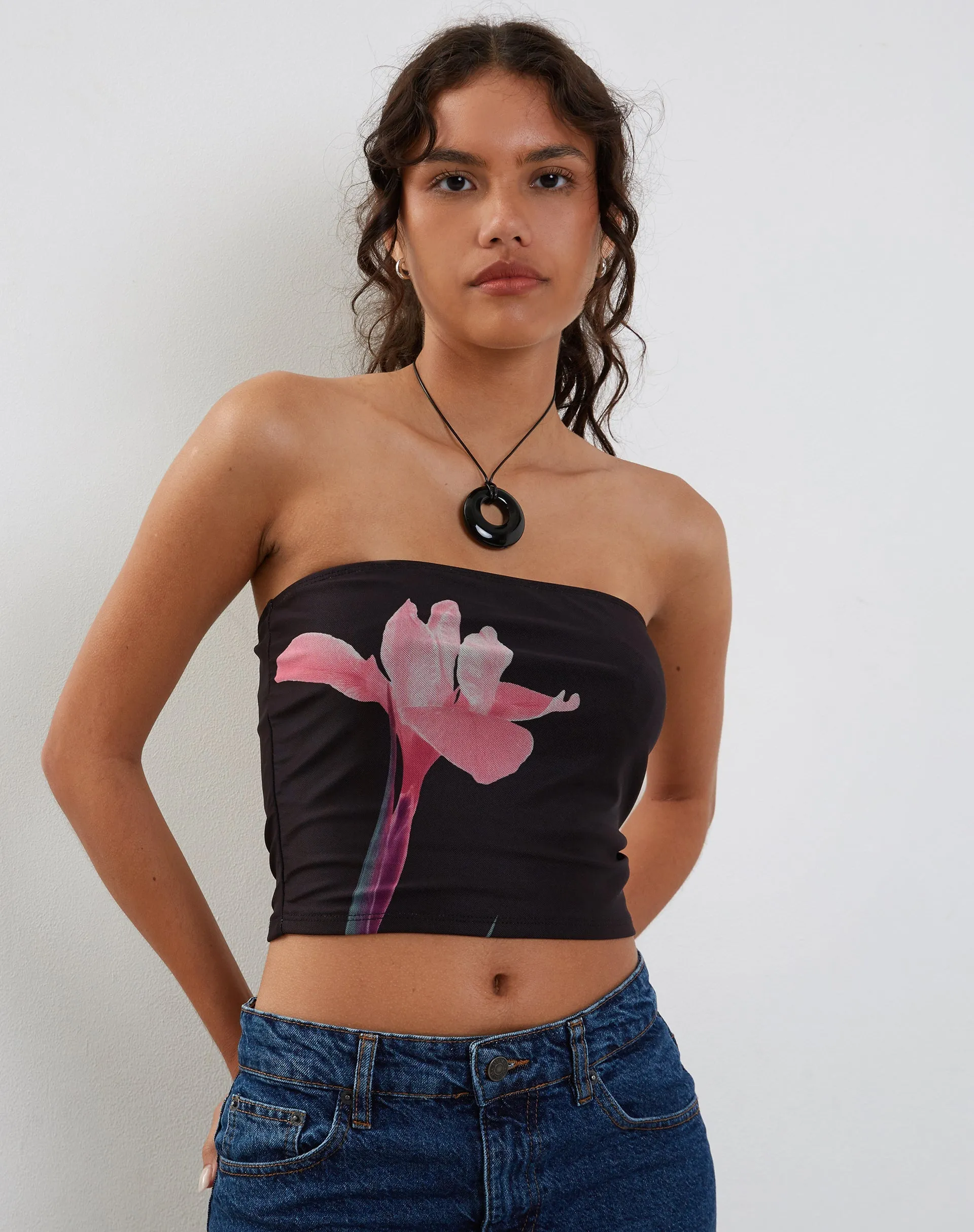 Shae Bandeau Top in Black with Pink Flower Placement