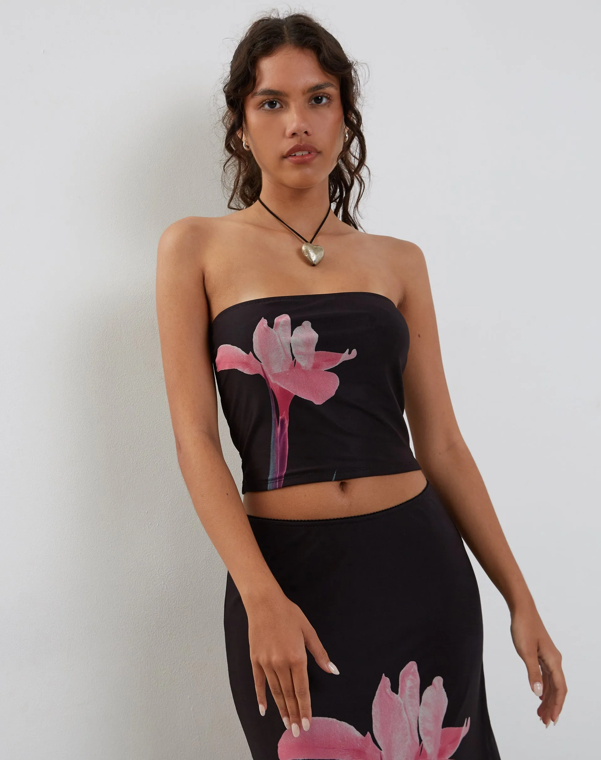 Shae Bandeau Top in Black with Pink Flower Placement