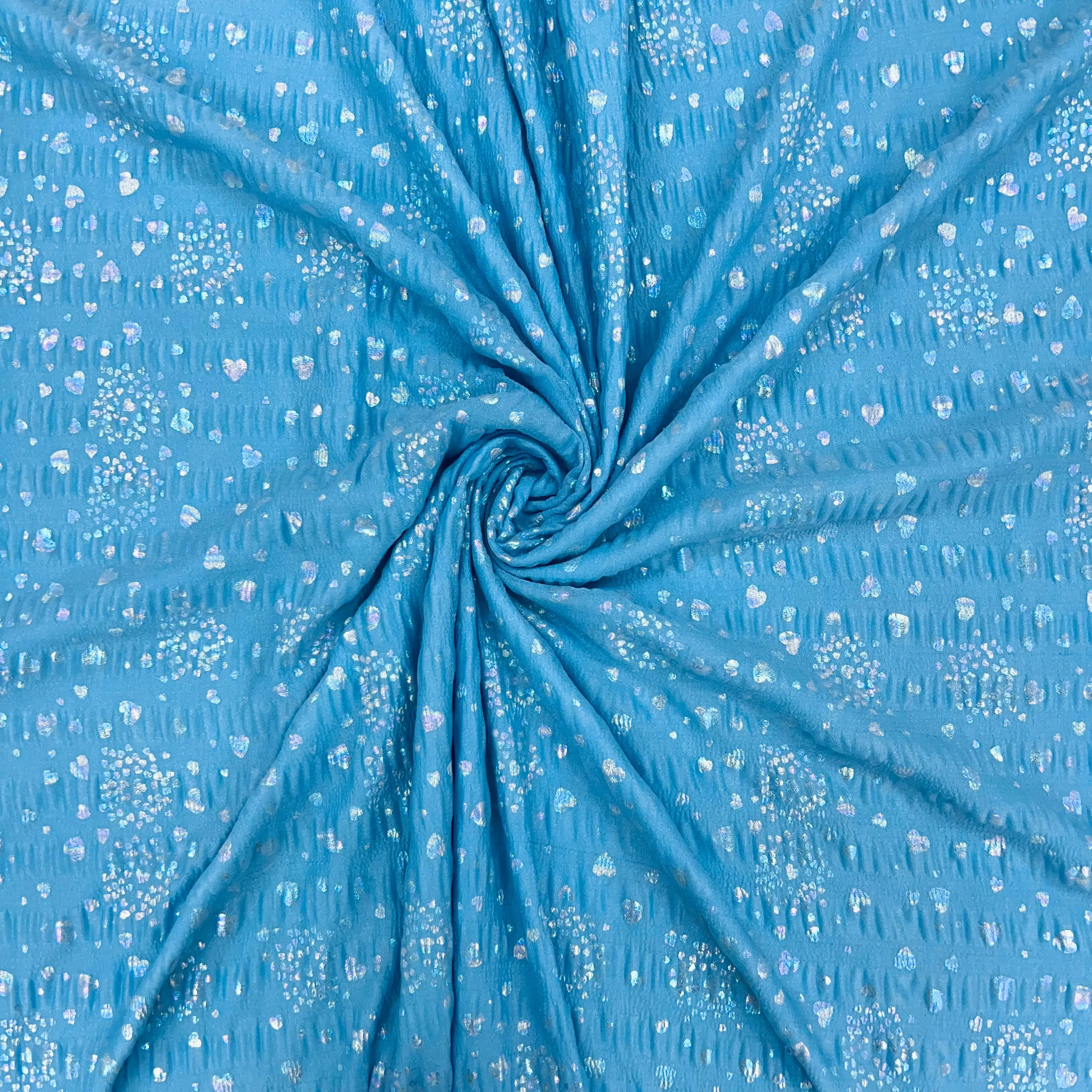 Sky Blue Foil Print Knitted Lycra Fabric