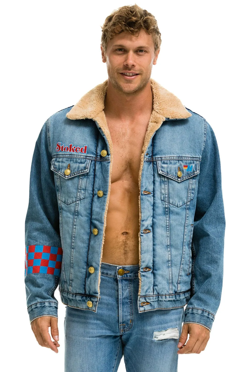 SMALL STOKED BOLT SMILEY RANCH SHERPA DENIM JACKET - SUPER LIGHT