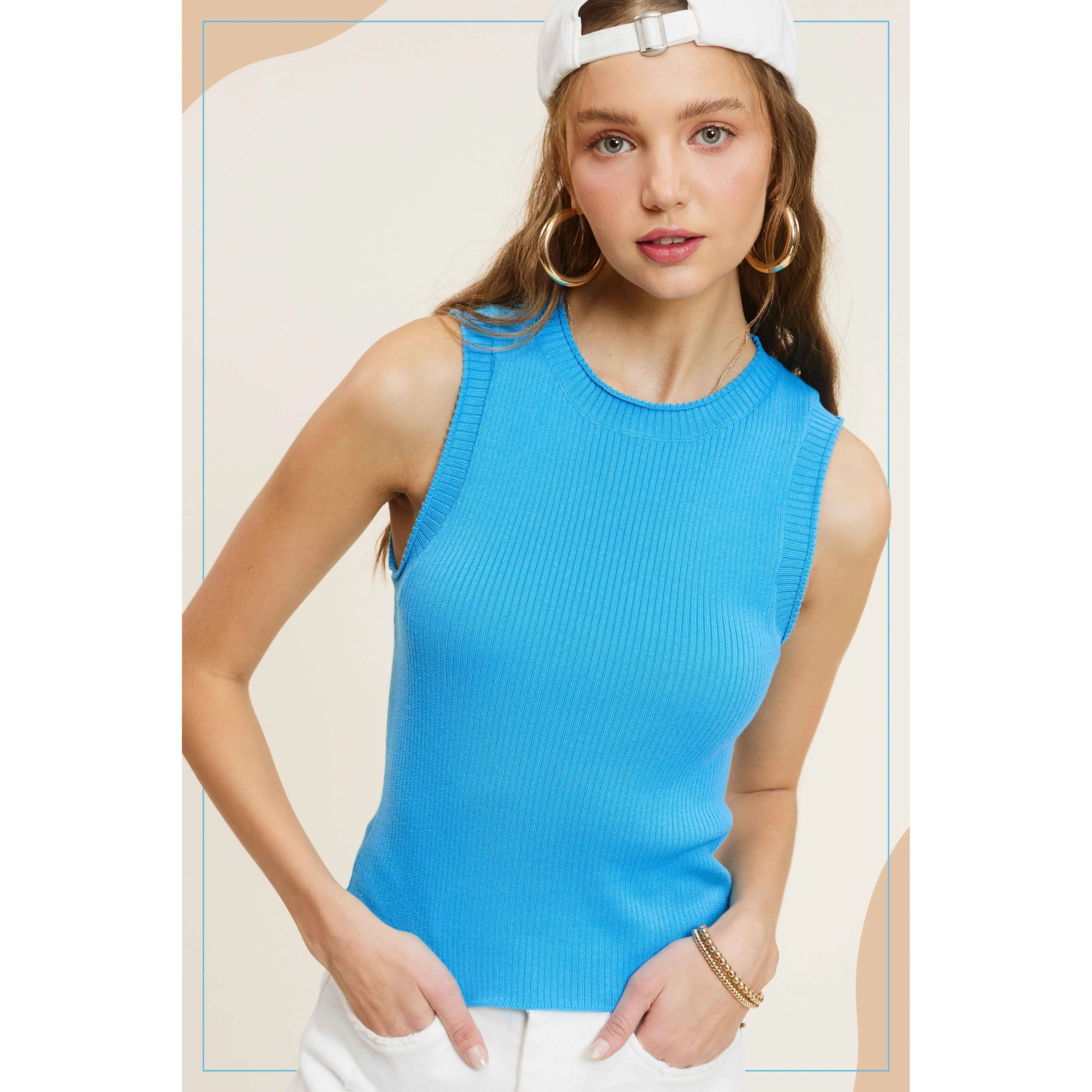 Stretchy Ribbed Fabric Spring Summer Sleeveless Top