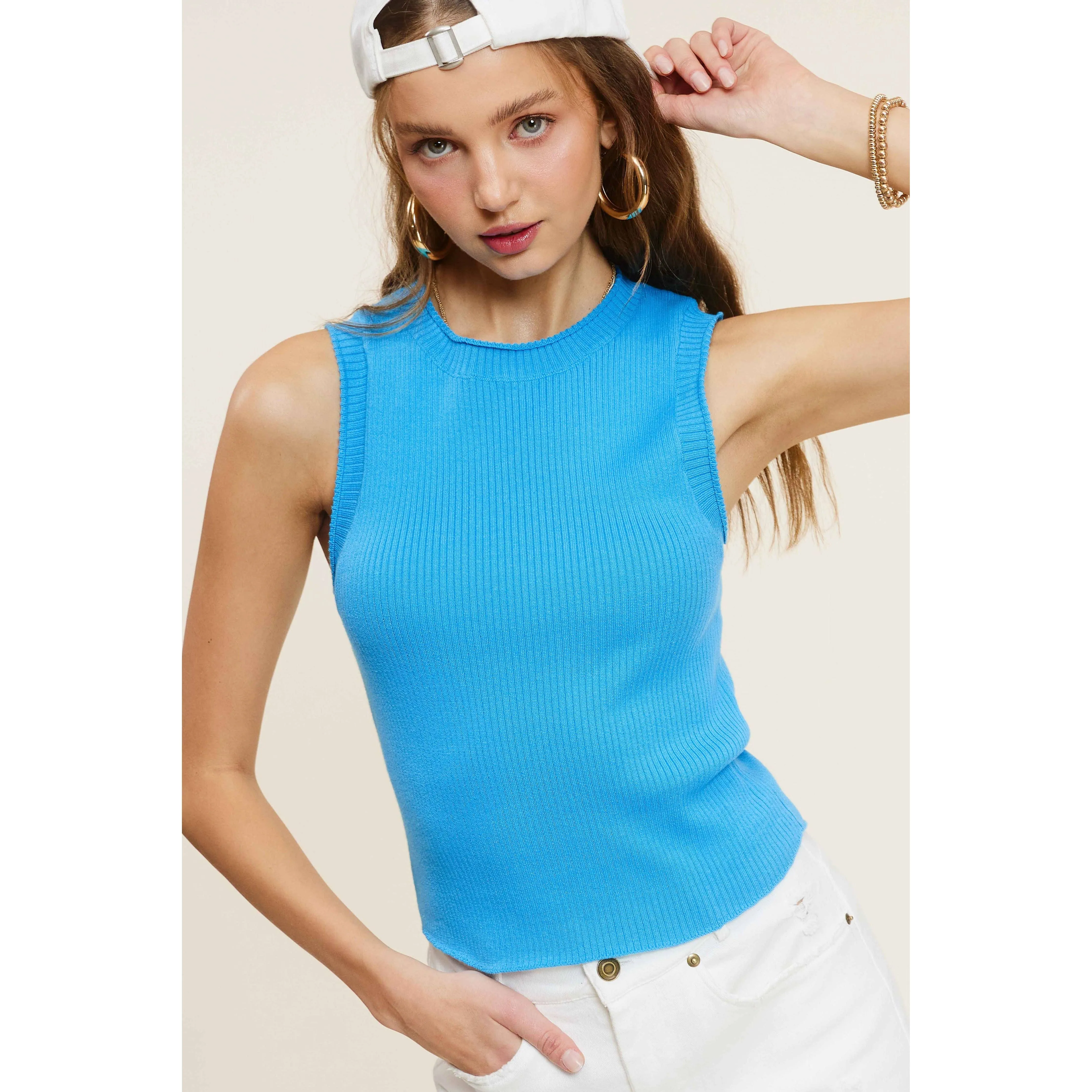 Stretchy Ribbed Fabric Spring Summer Sleeveless Top