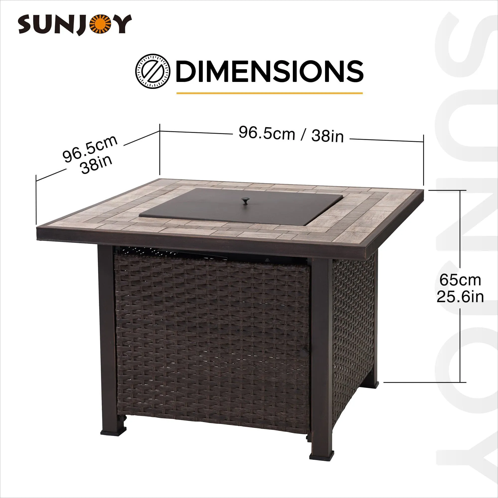 SUNJOY 38 Inch Smokeless Fire Pit Outdoor Square Propane Gas Fire Pit Table Hidden Propane Tank Fire Pits with Ceramic Tile Tabletop and Lava Rocks