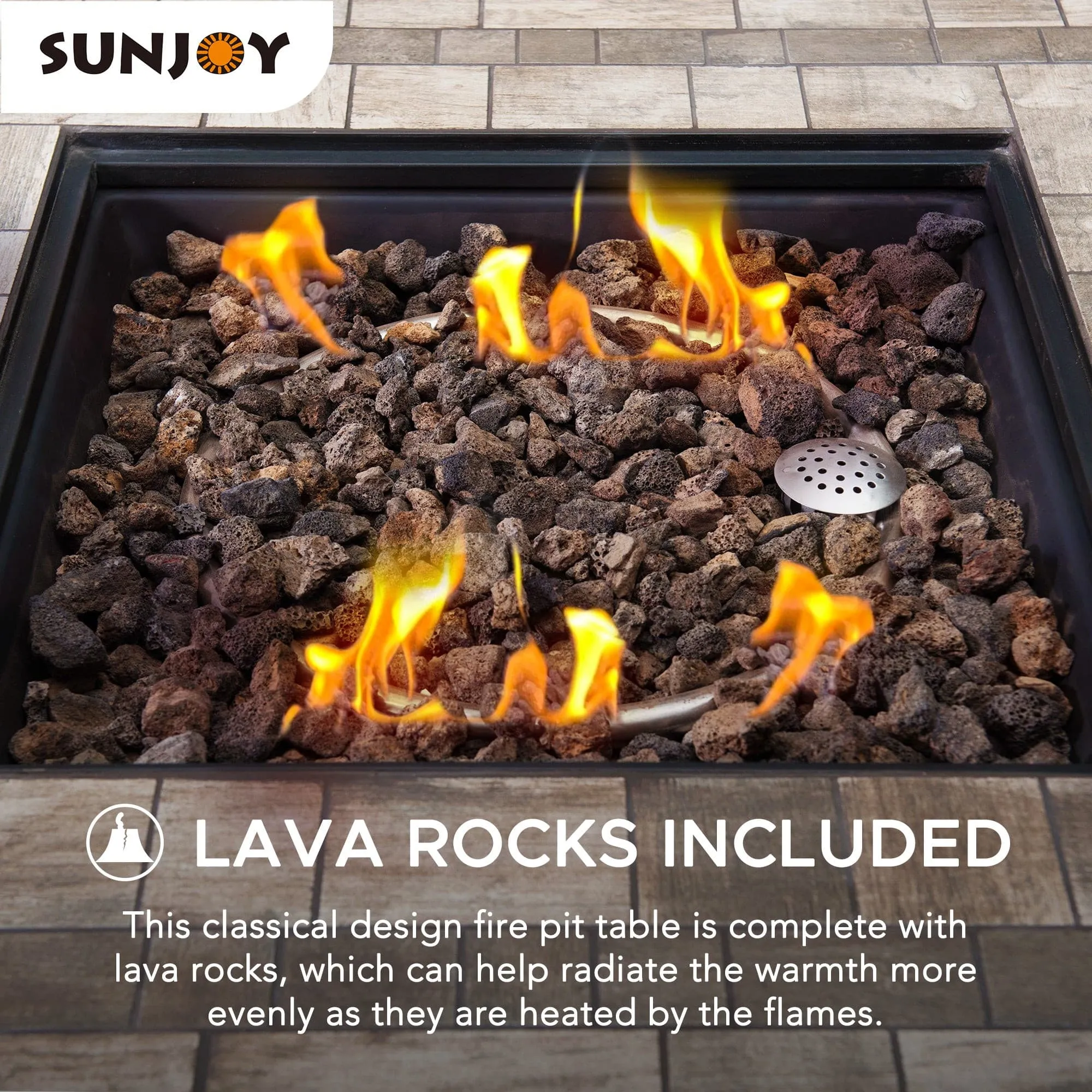 SUNJOY 38 Inch Smokeless Fire Pit Outdoor Square Propane Gas Fire Pit Table Hidden Propane Tank Fire Pits with Ceramic Tile Tabletop and Lava Rocks