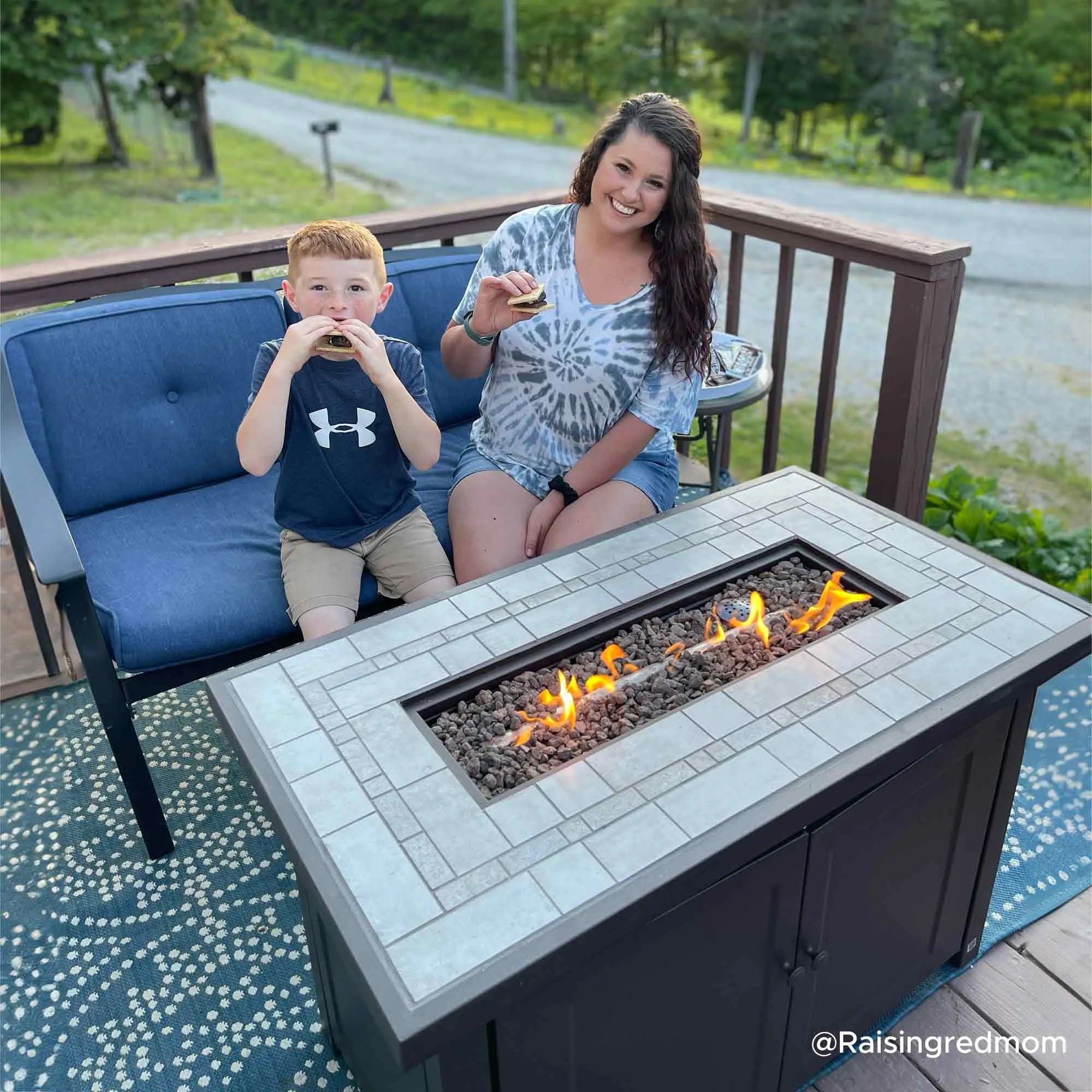 SUNJOY Rectangle Smokeless Fire Pit Kit Propane Fire Pit Table Outdoor Hidden Propane Tank Gas Fire Pit with Ceramic Tile Tabletop and Lava Rocks