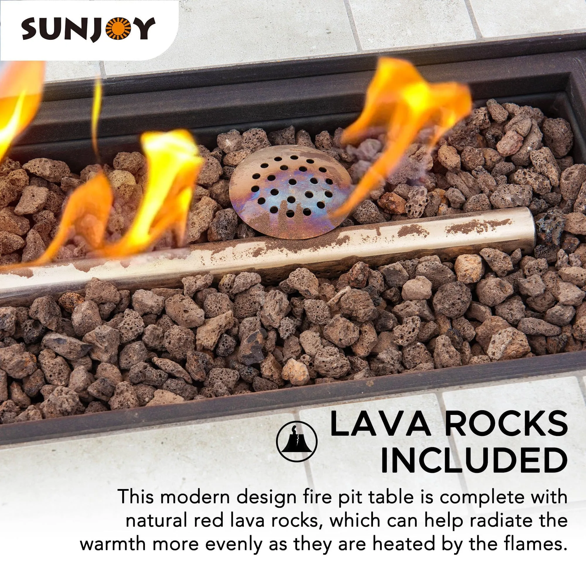 SUNJOY Rectangle Smokeless Fire Pit Kit Propane Fire Pit Table Outdoor Hidden Propane Tank Gas Fire Pit with Ceramic Tile Tabletop and Lava Rocks