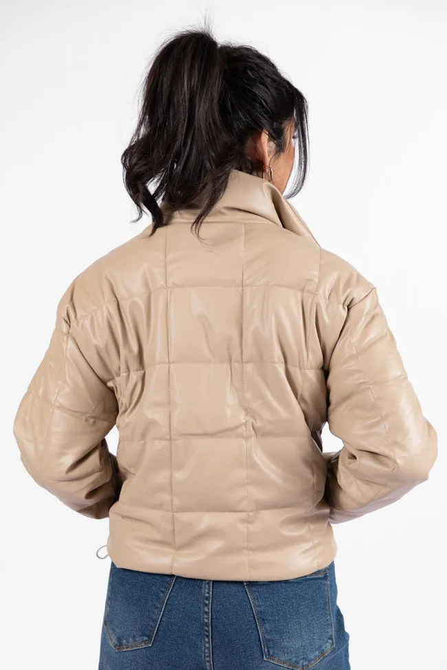 Things Take Time Khaki Faux Leather Puffer Jacket FINAL SALE