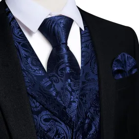 Ties2you Dress Vest Dark Blue Paisley Notched Collar Silk Mens Work Vest Tie Set