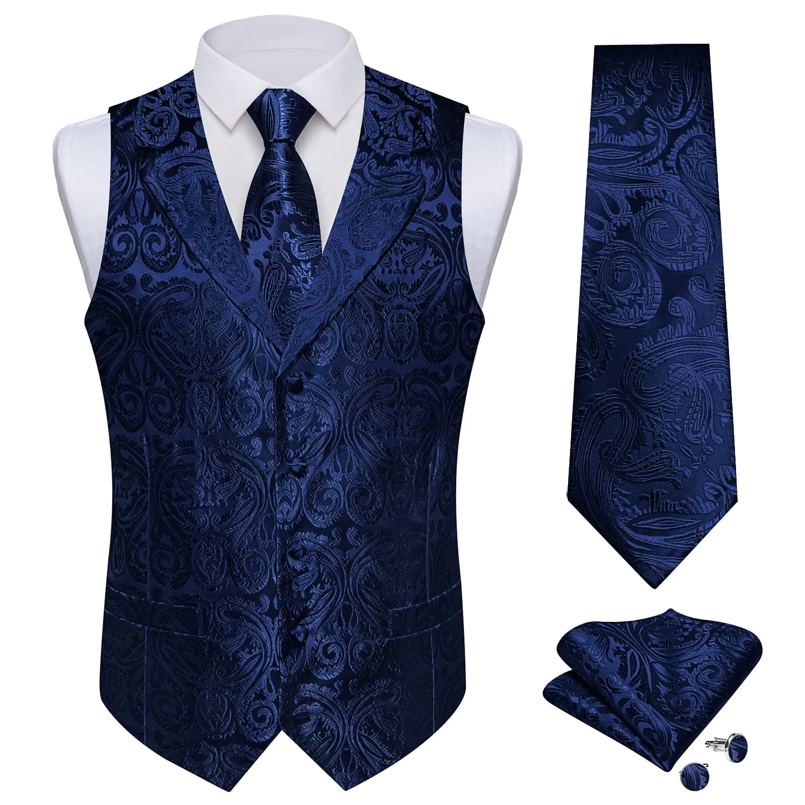 Ties2you Dress Vest Dark Blue Paisley Notched Collar Silk Mens Work Vest Tie Set