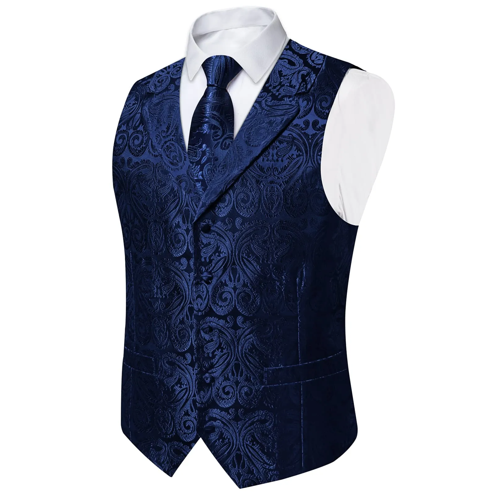 Ties2you Dress Vest Dark Blue Paisley Notched Collar Silk Mens Work Vest Tie Set