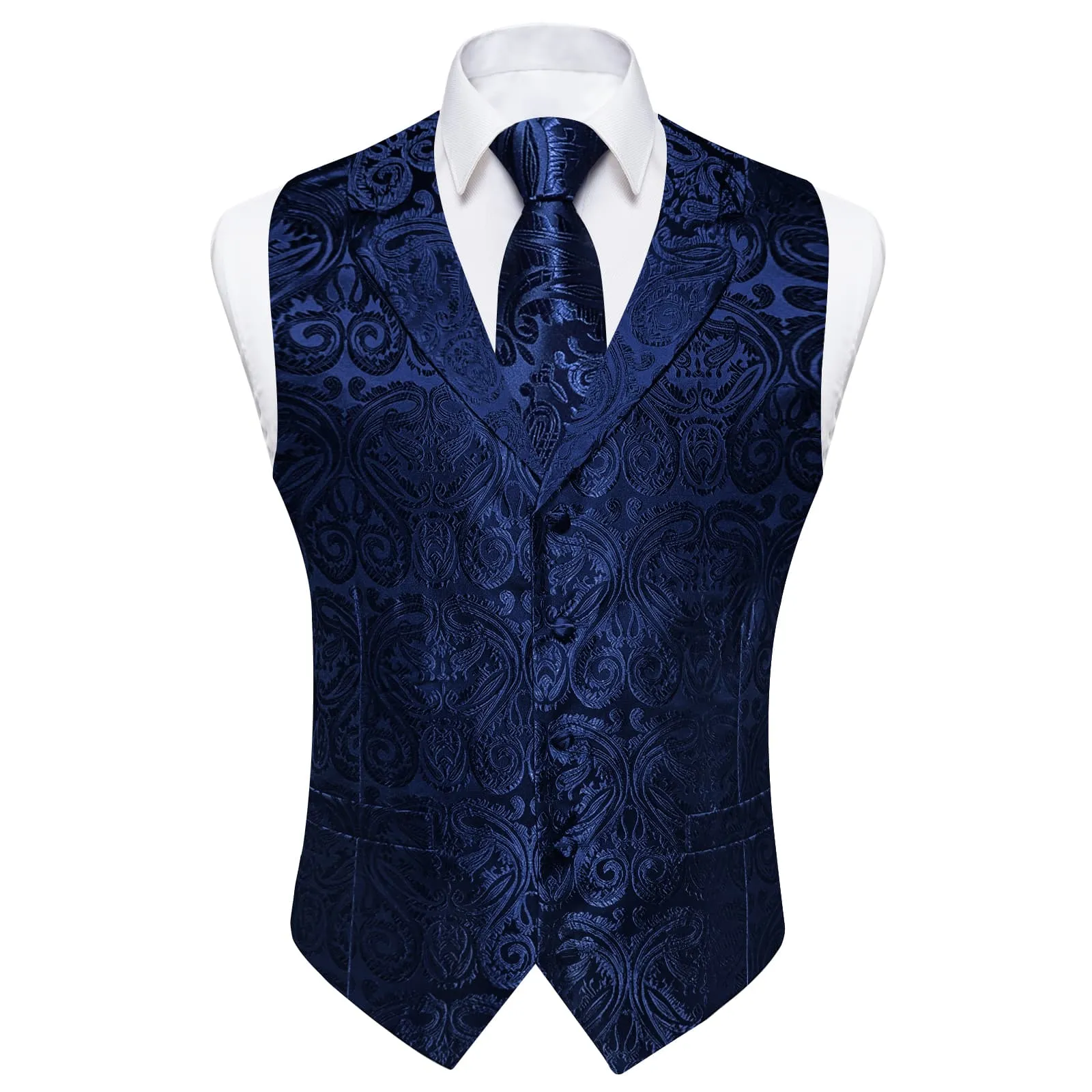 Ties2you Dress Vest Dark Blue Paisley Notched Collar Silk Mens Work Vest Tie Set