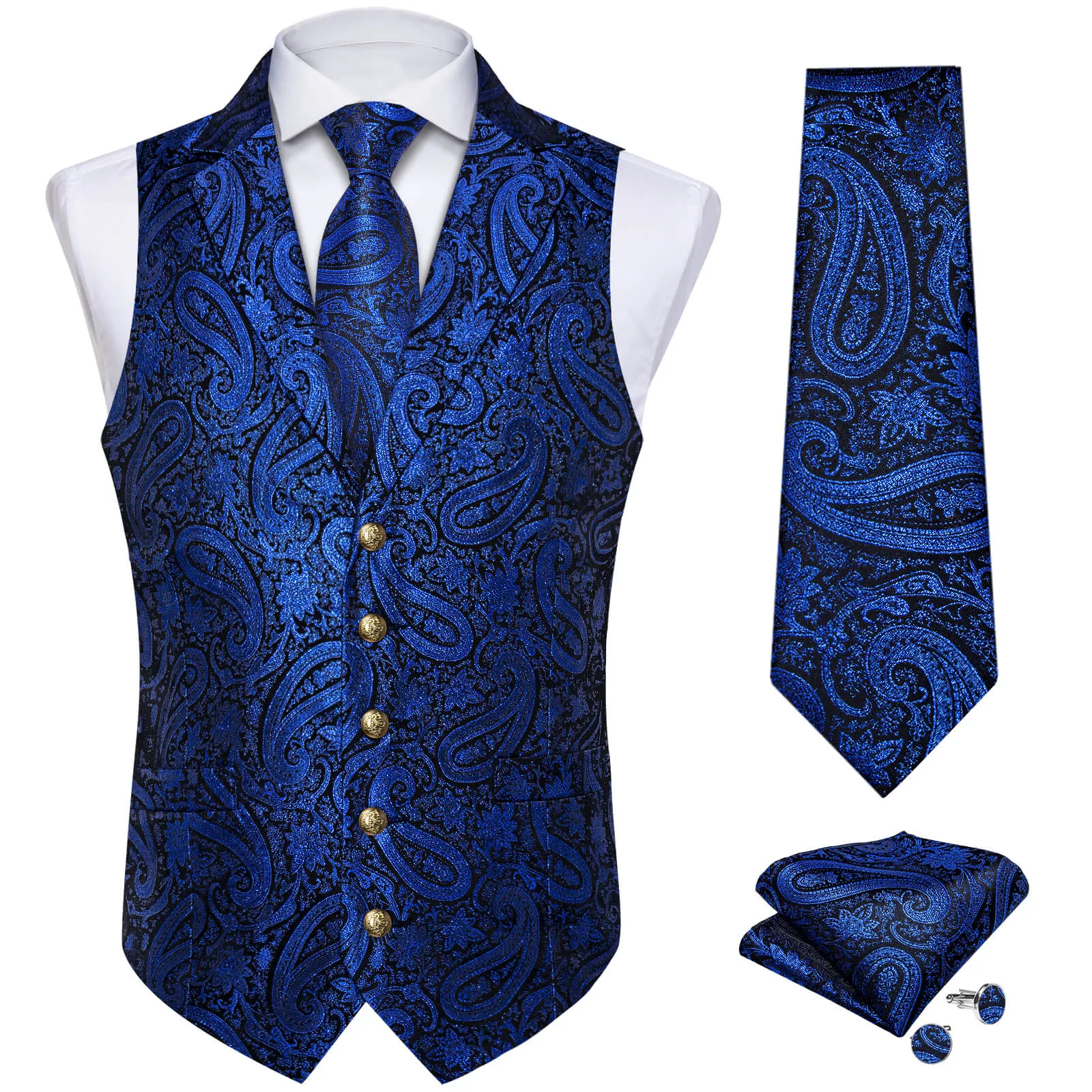 Ties2you Men's Vest Navy Blue Jacquard Paisley Silk Suit Vest Tie Set