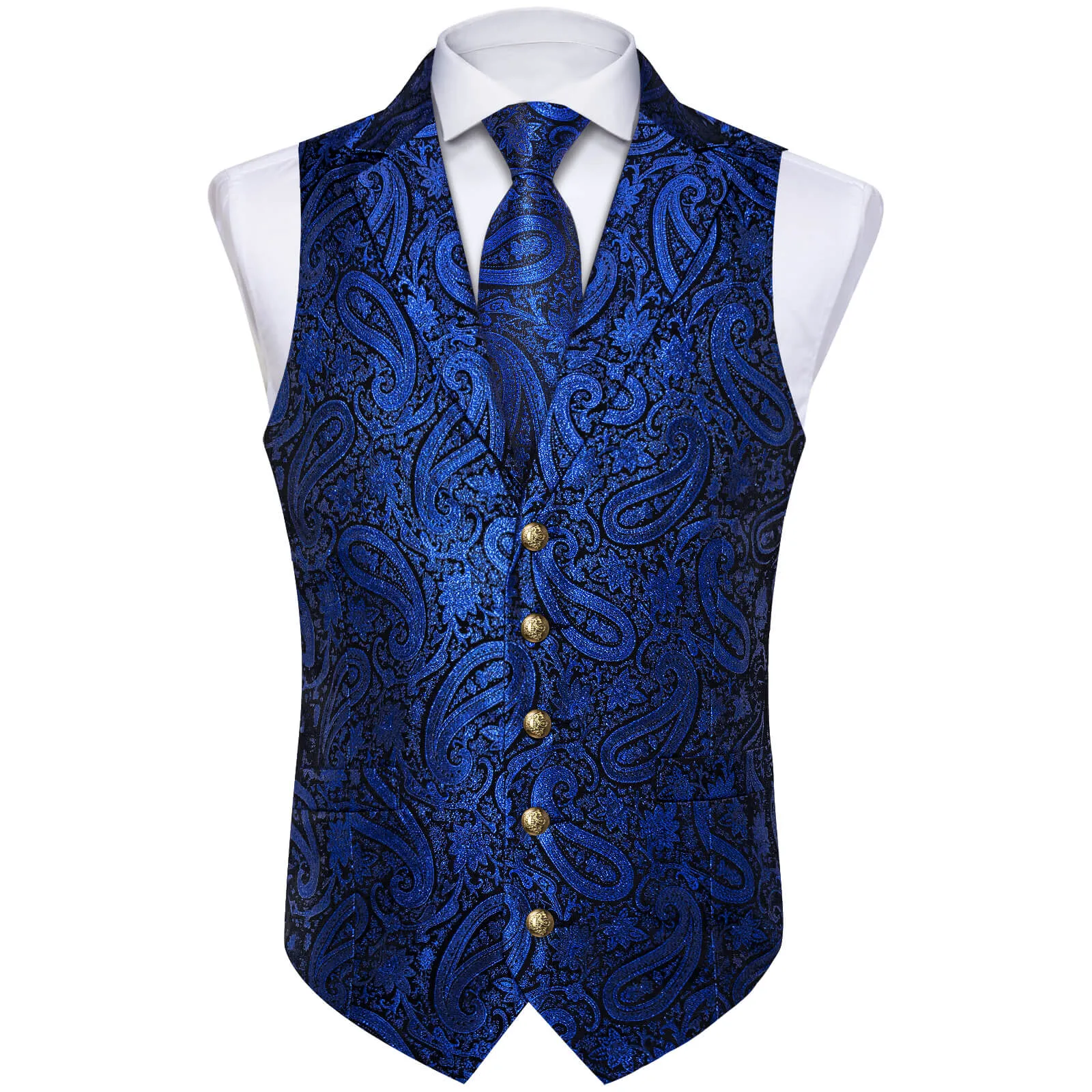 Ties2you Men's Vest Navy Blue Jacquard Paisley Silk Suit Vest Tie Set