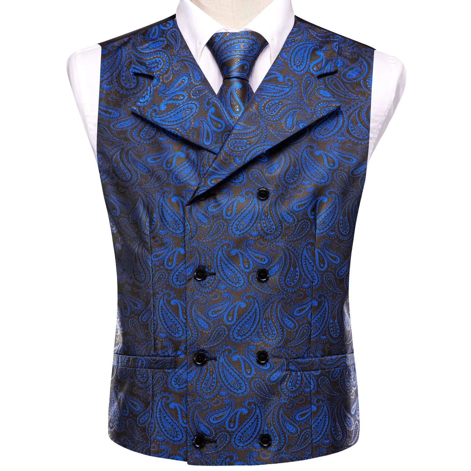 Ties2you Suit Vest Blue Paisley Silk Men's Notched Collar Vest Tie Hanky Cufflinks Set