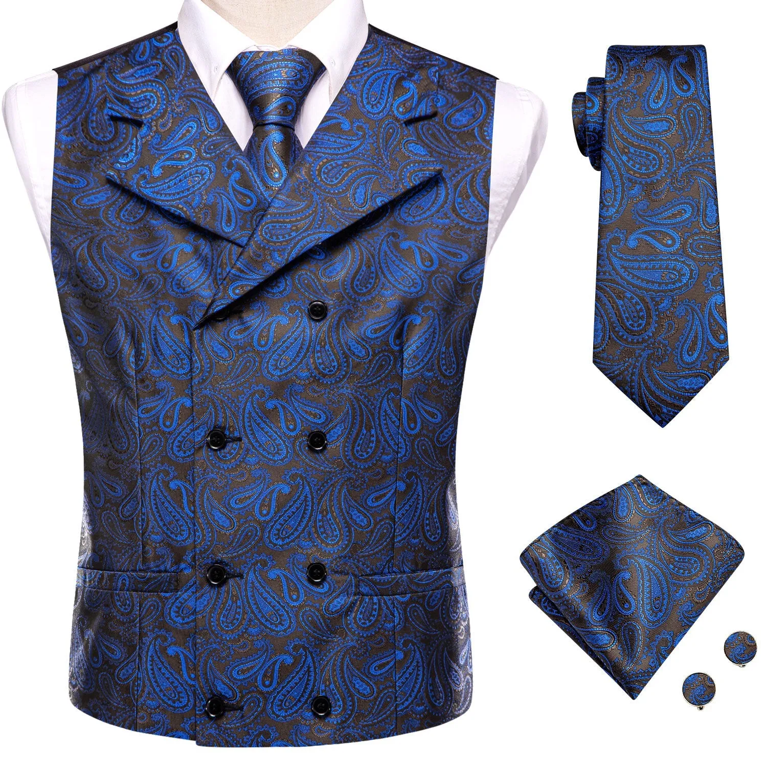 Ties2you Suit Vest Blue Paisley Silk Men's Notched Collar Vest Tie Hanky Cufflinks Set