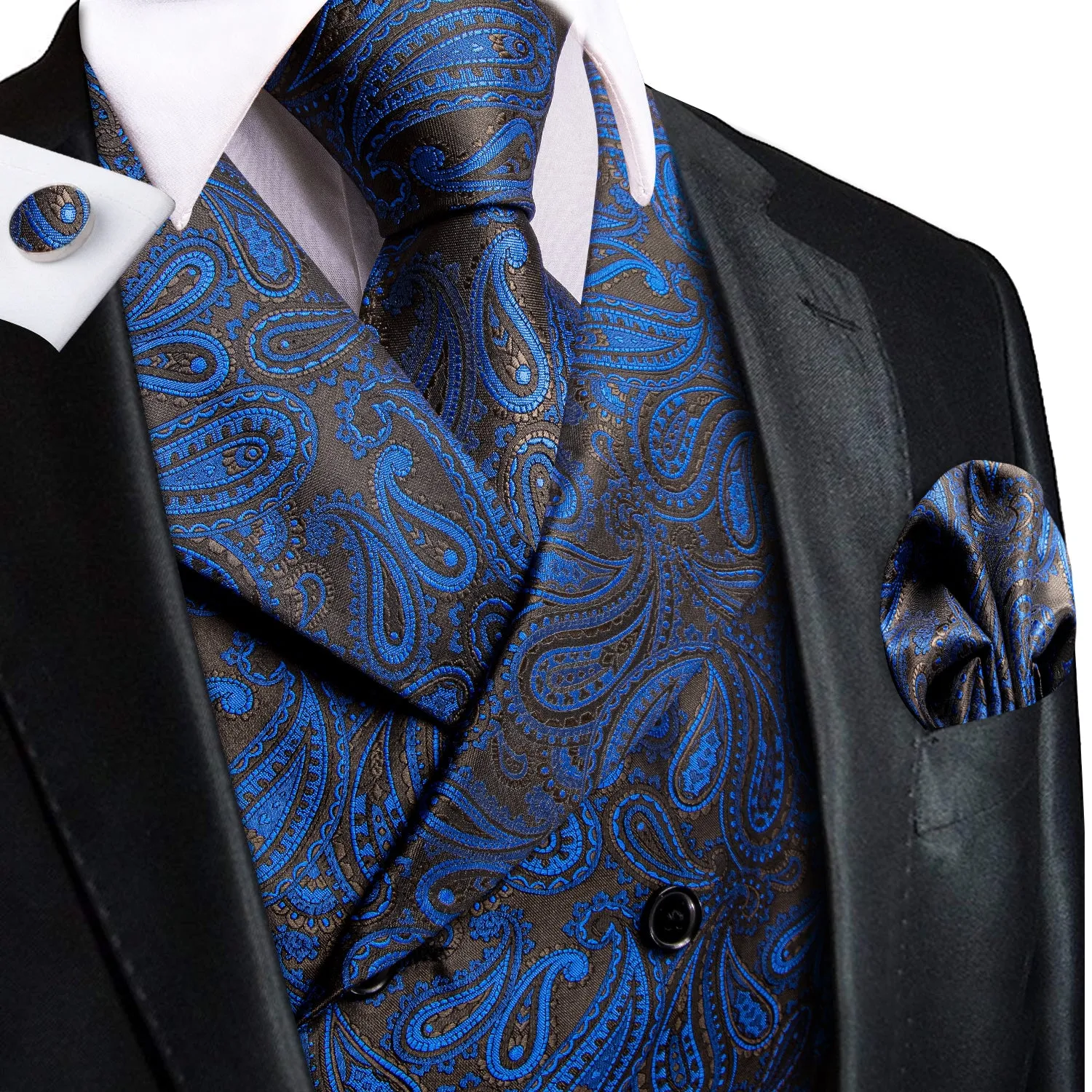 Ties2you Suit Vest Blue Paisley Silk Men's Notched Collar Vest Tie Hanky Cufflinks Set