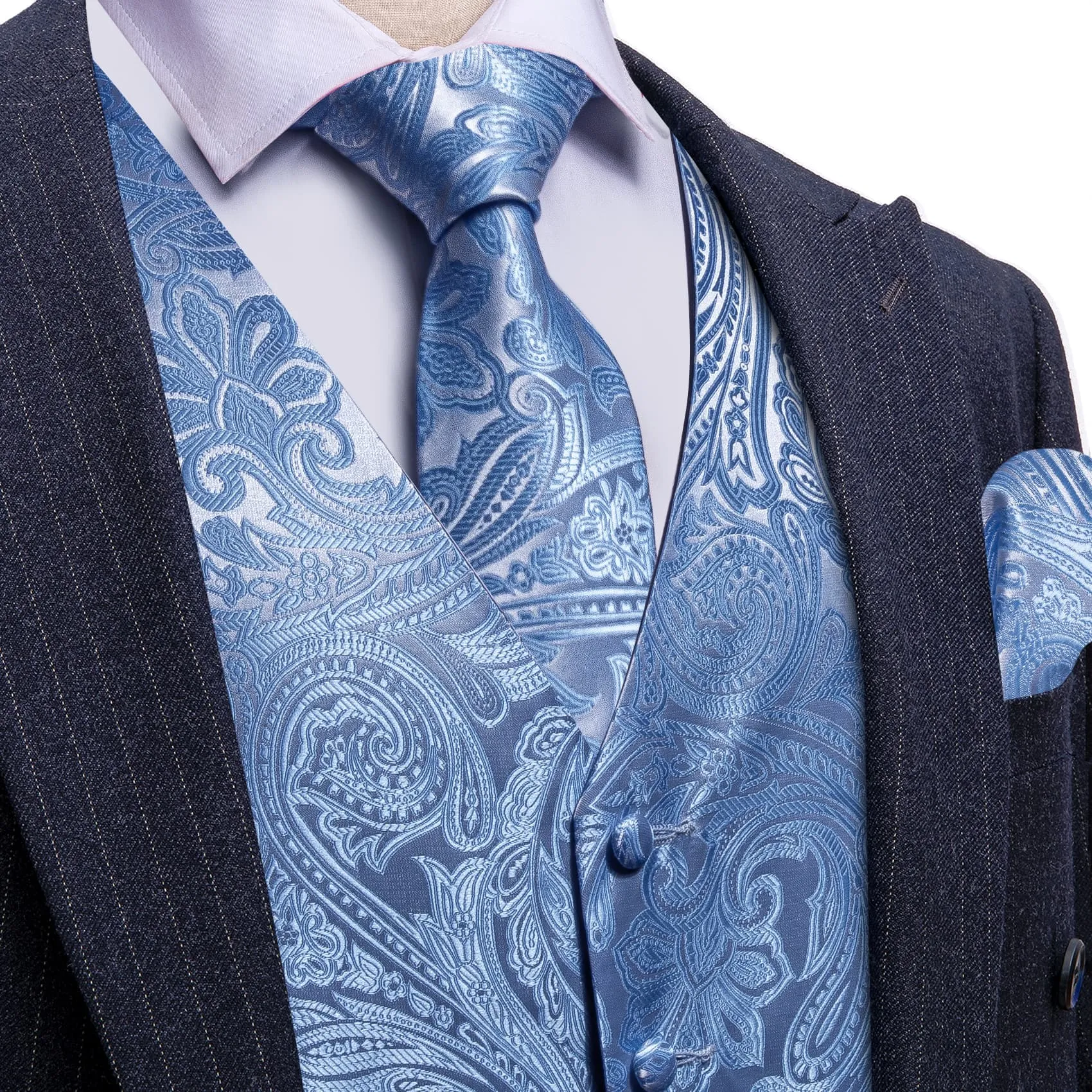 Ties2you Vest for Men Dark Pastel Blue Floral Silk Button Vest Tie Pocket Square Cufflinks Set