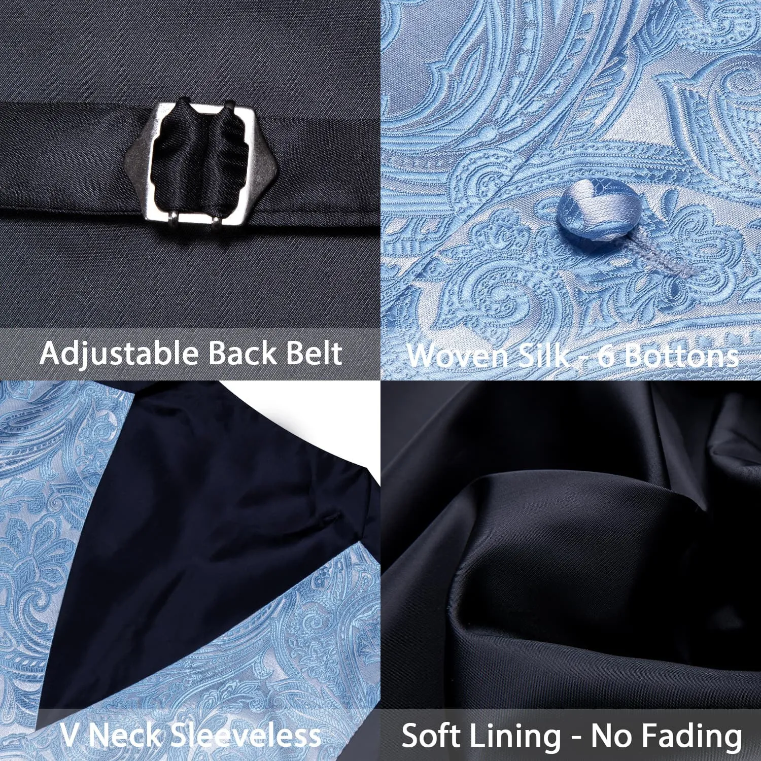 Ties2you Vest for Men Dark Pastel Blue Floral Silk Button Vest Tie Pocket Square Cufflinks Set