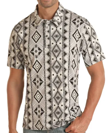 TM51T03521- Panhandle Men's SS Polo- Black Gray Aztec