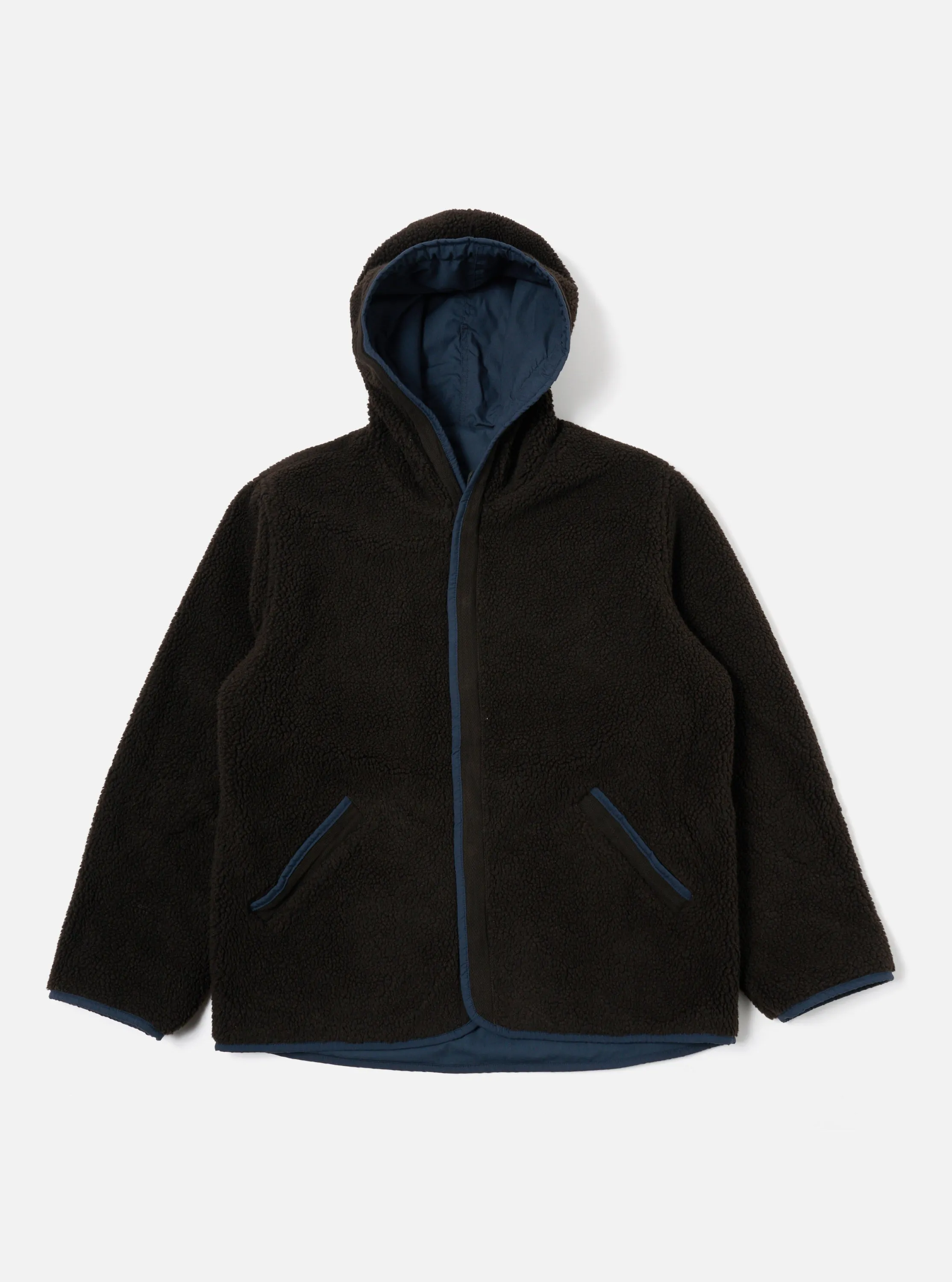 Universal Works Reversible Simple Hooded Jacket in Navy/Brown Recycled Polytech/Sherpa