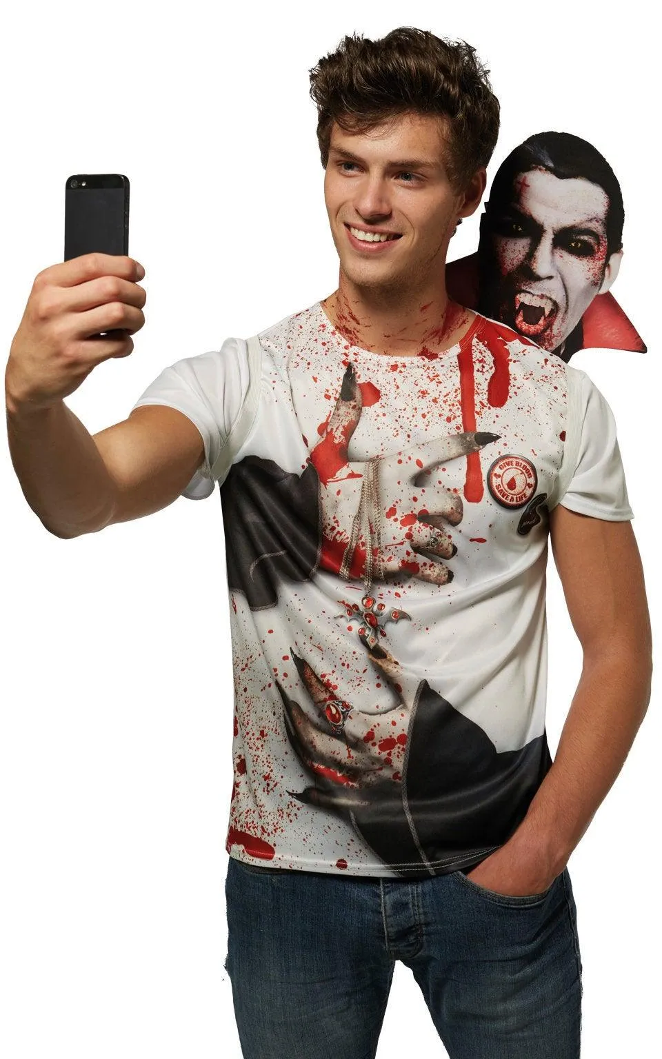 Vampire Selfie T-shirt Adults Halloween Fancy Dress Vampires Top Dracula Men's