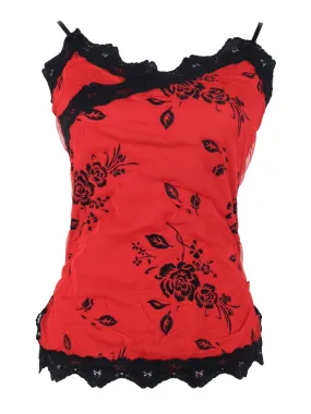 Vintage 90s Y2K Soft Grunge Romantic Red & Black Floral Lace Trim Chiffon Strappy Camisole Tank Top Blouse | Size S